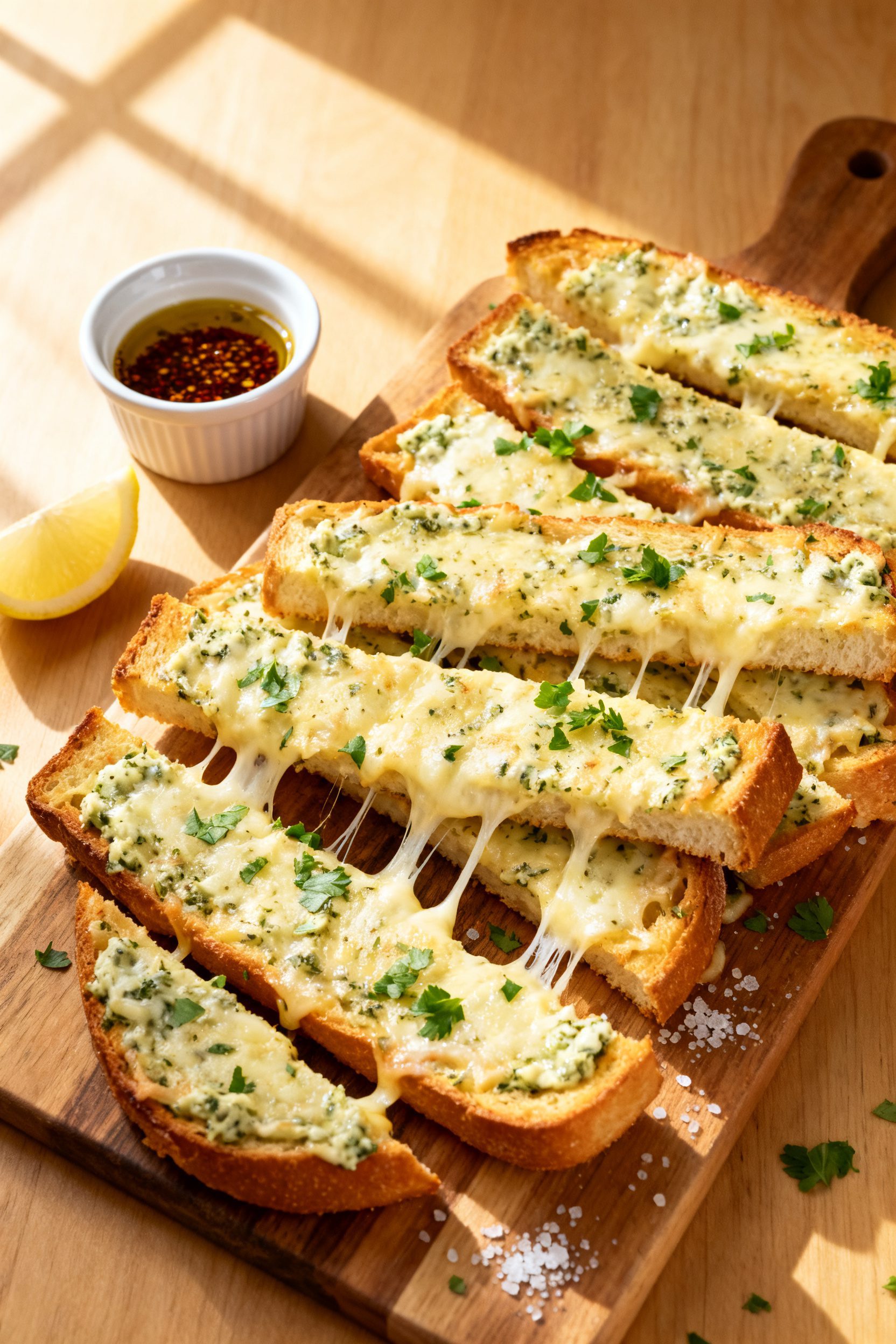 Tasty top view: Overhead shot of a cutting board piled with thick strips of air fryer cheesy garlic 