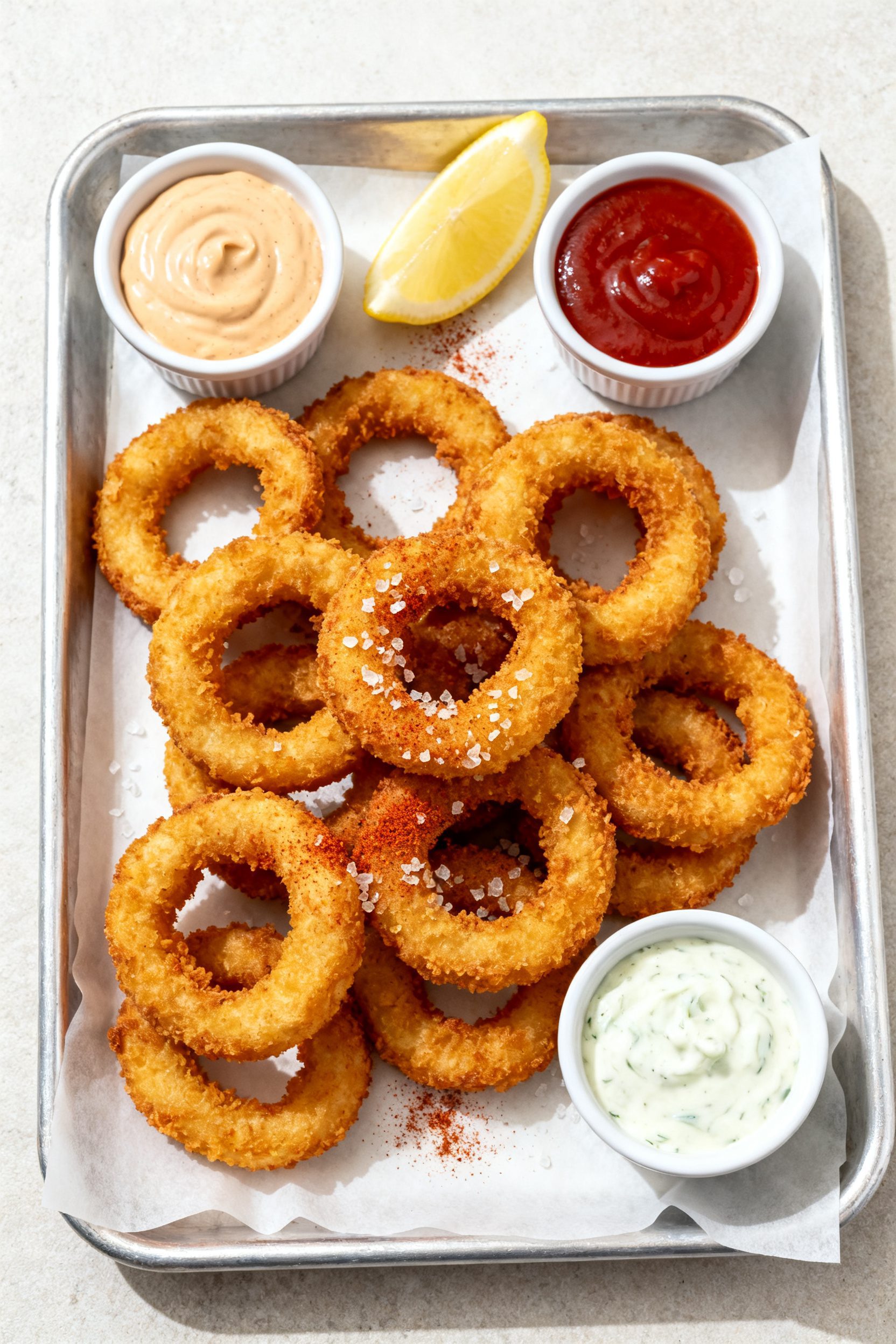 Tasty top view: Overhead shot of a diner-style platter piled with perfectly golden onion rings, extr