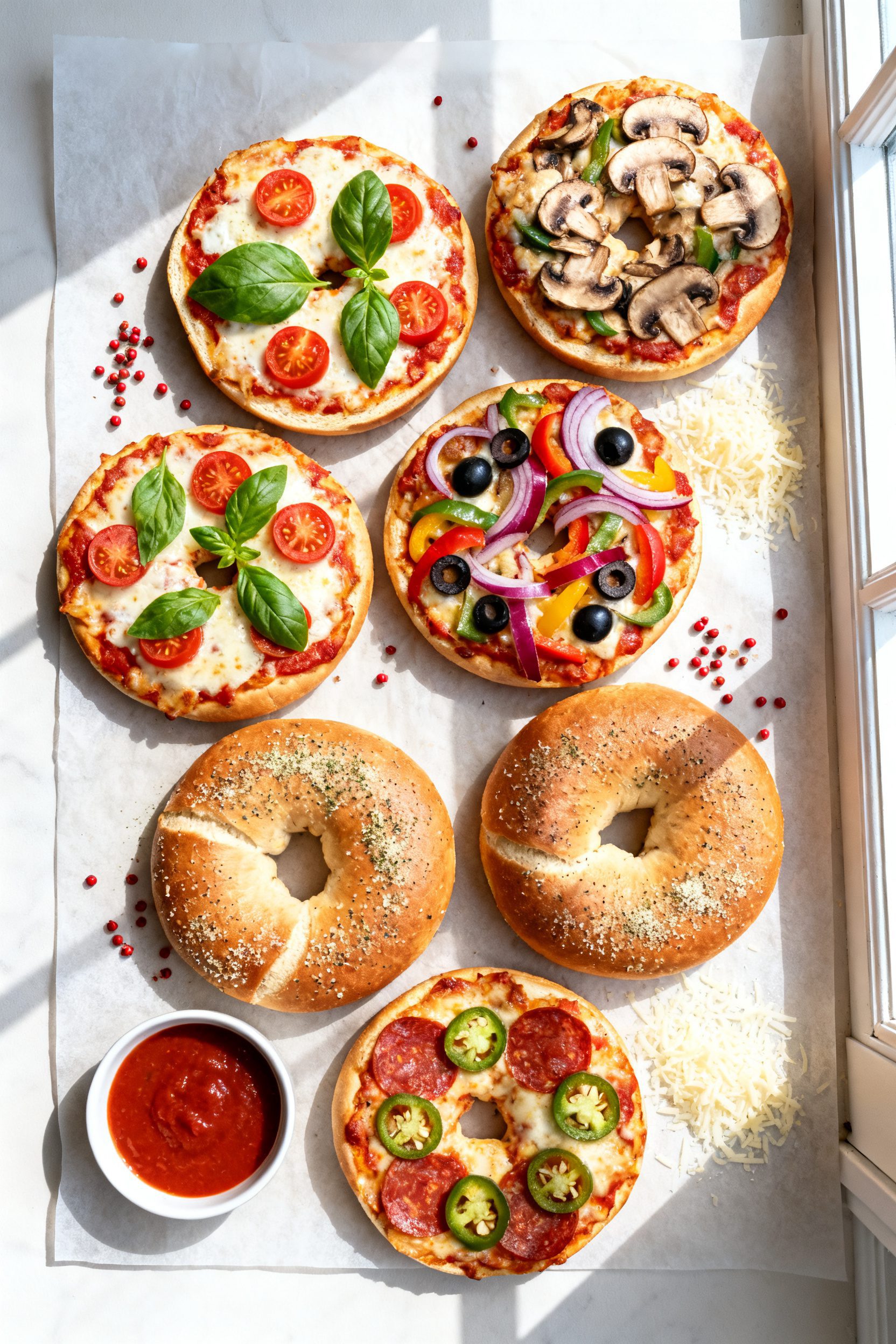 Tasty top view: Overhead shot of a family-style spread of assorted bagel pizzas on a parchment-lined