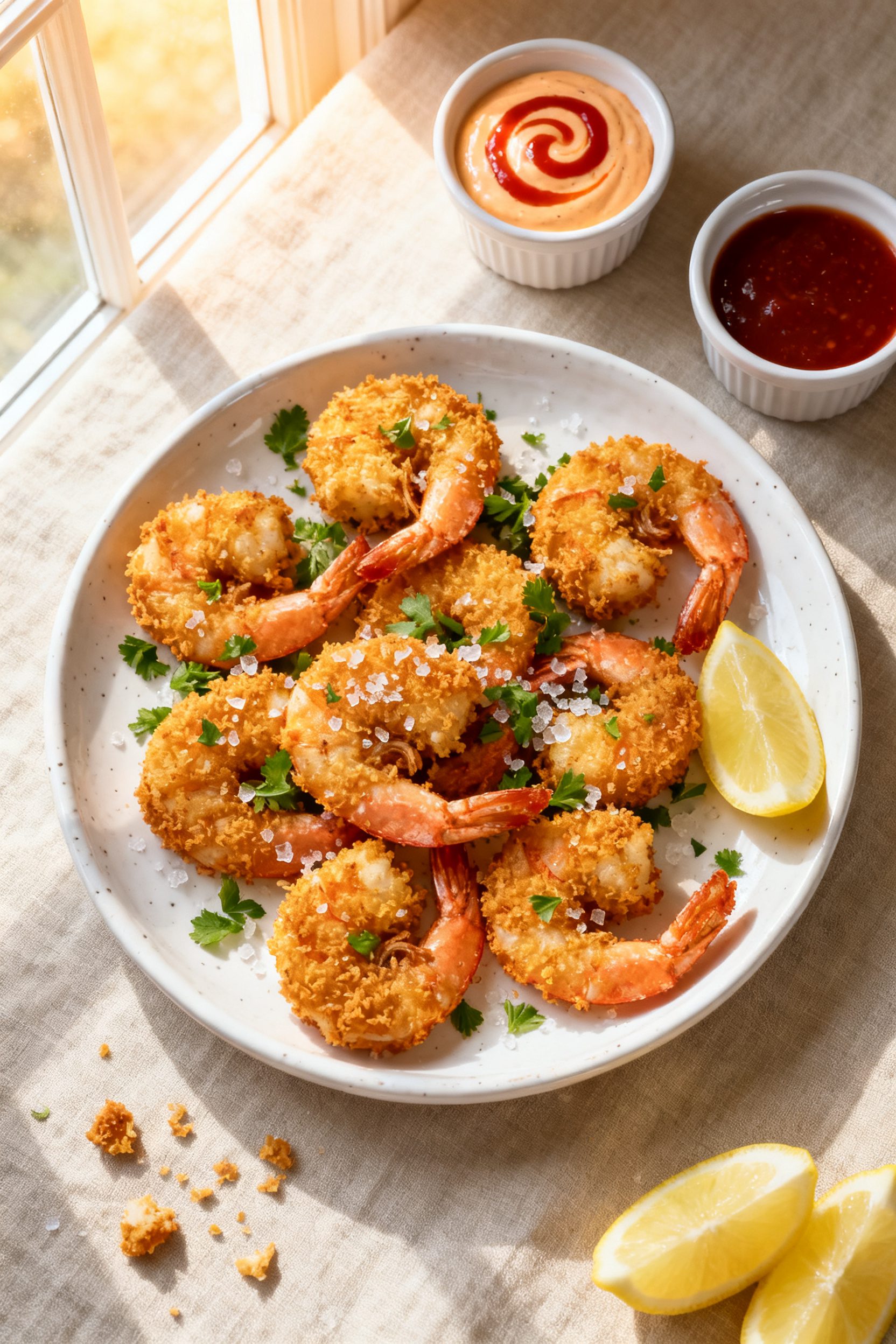 Tasty top view: Overhead shot of a final platter of panko shrimp on a white ceramic plate, sprinkled