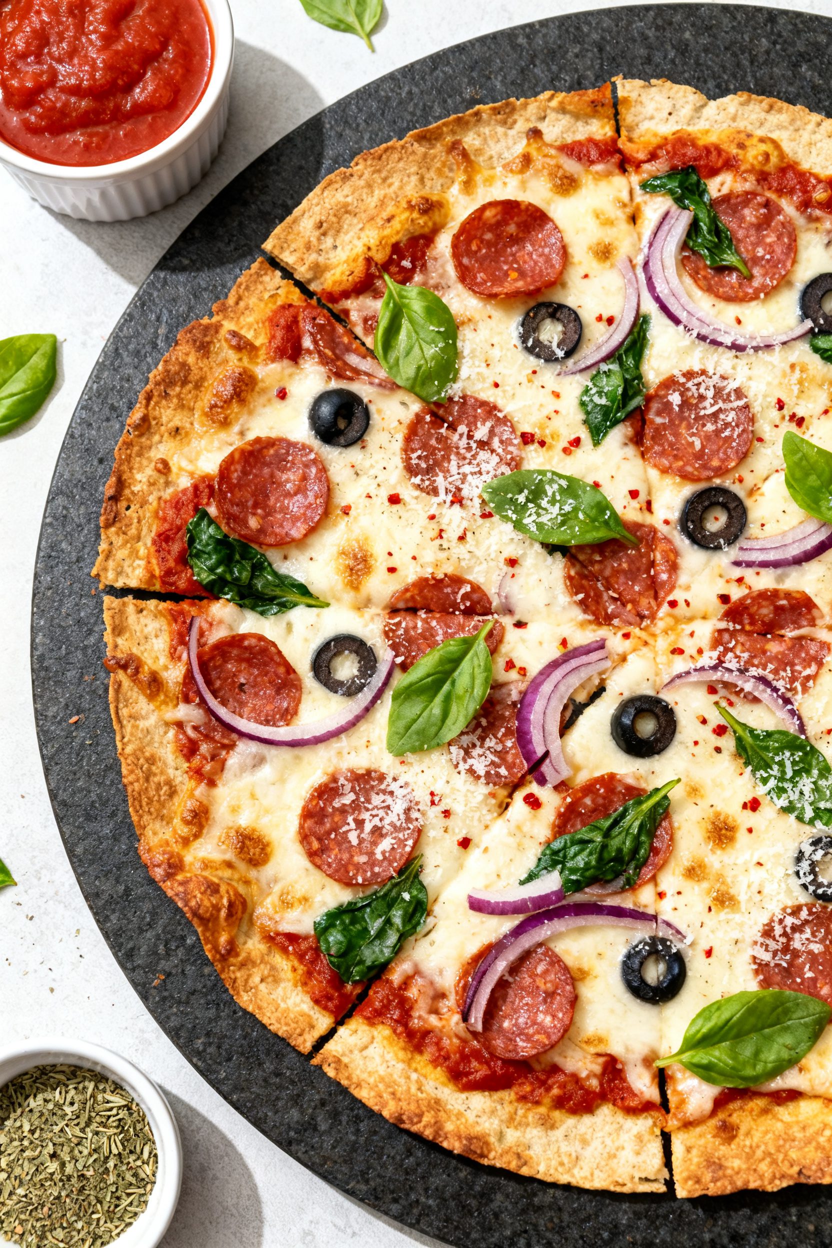 Tasty top view: Overhead shot of a finished low carb tortilla pizza on a dark matte pizza stone—ed