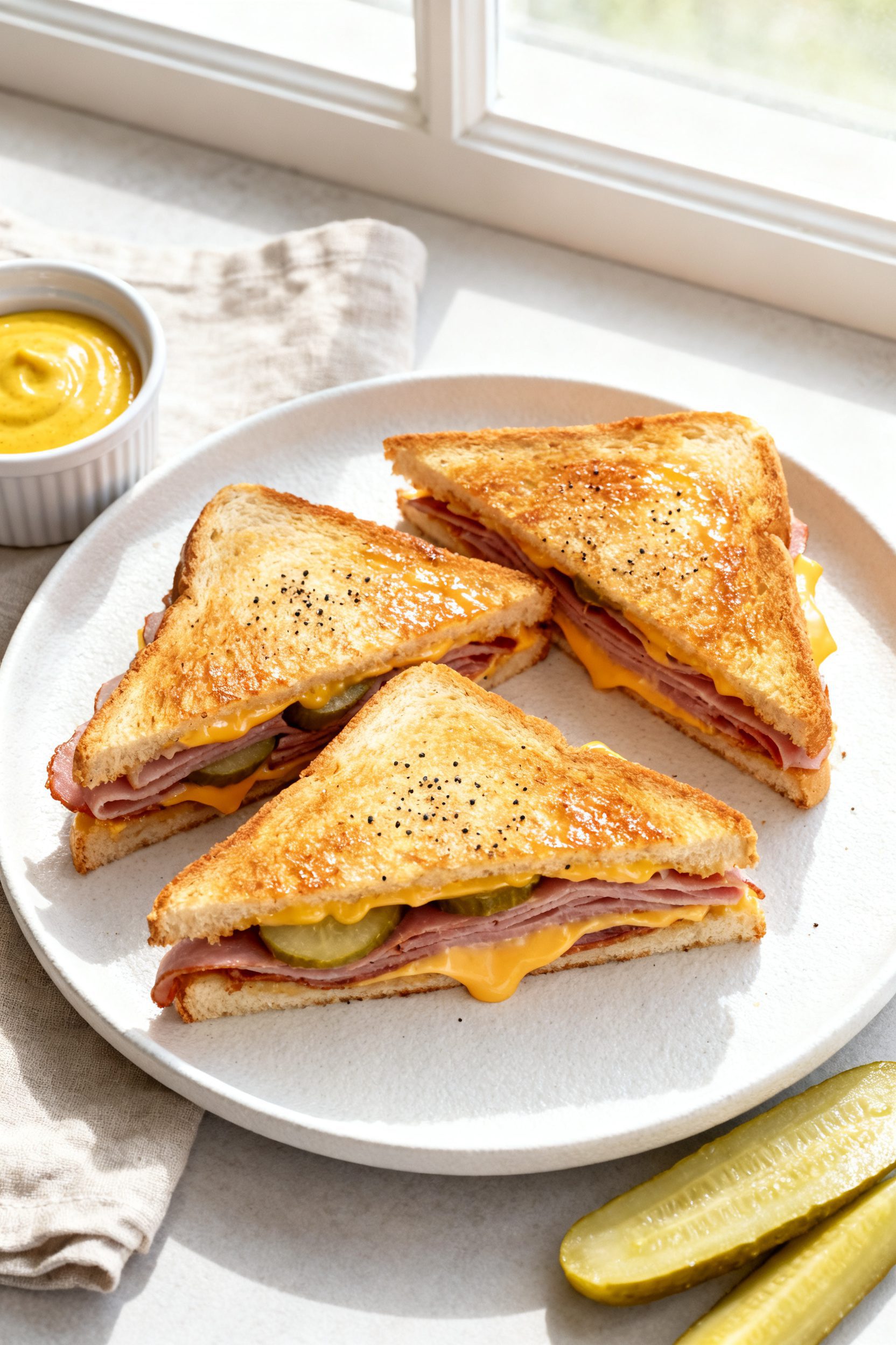 Tasty top view: Overhead shot of a freshly air-fried ham and cheese sandwich sliced into triangles o
