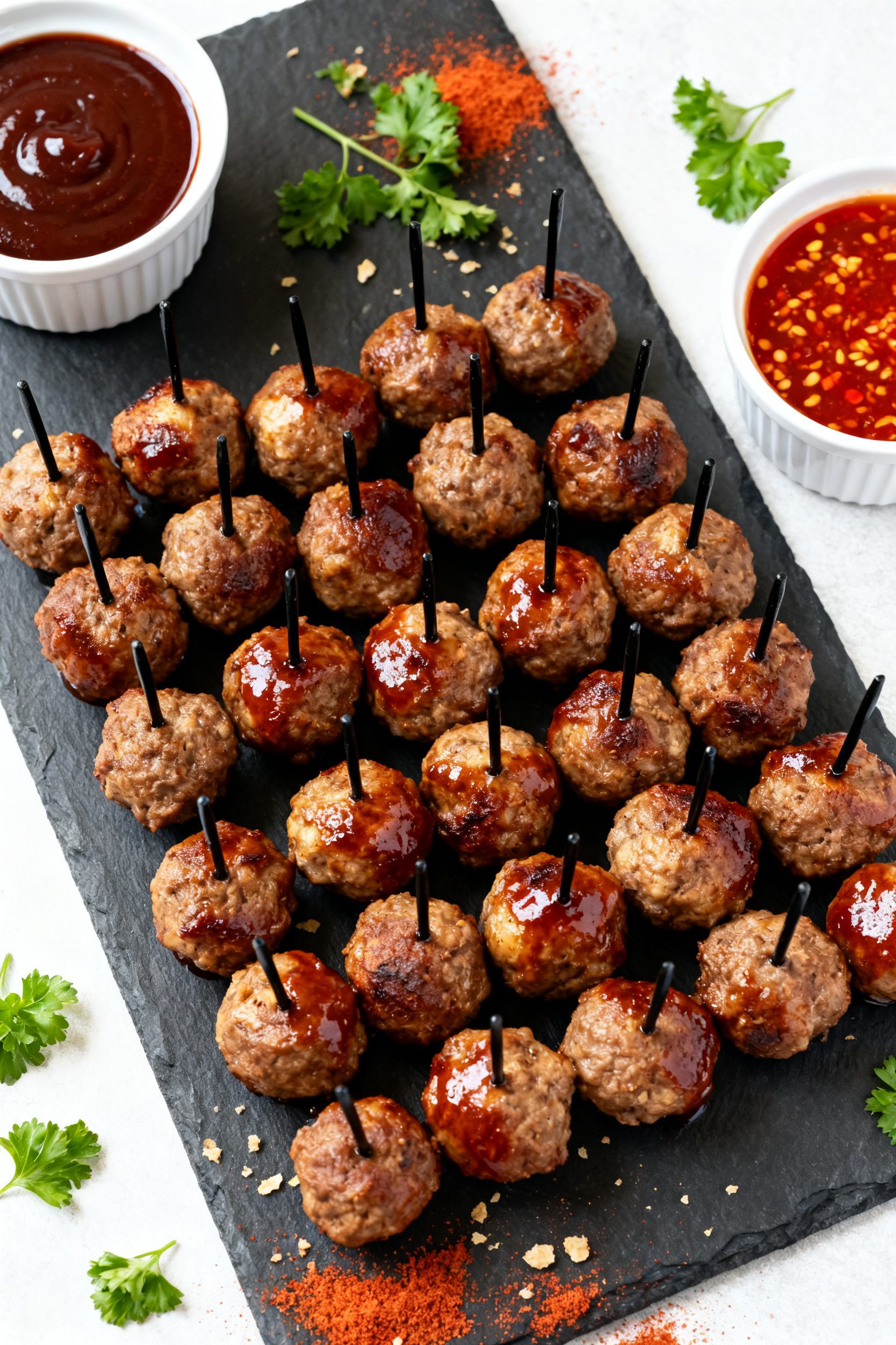 Tasty top view: Overhead shot of a game day appetizer spread—neatly arranged 18–22 bite-size BBQ