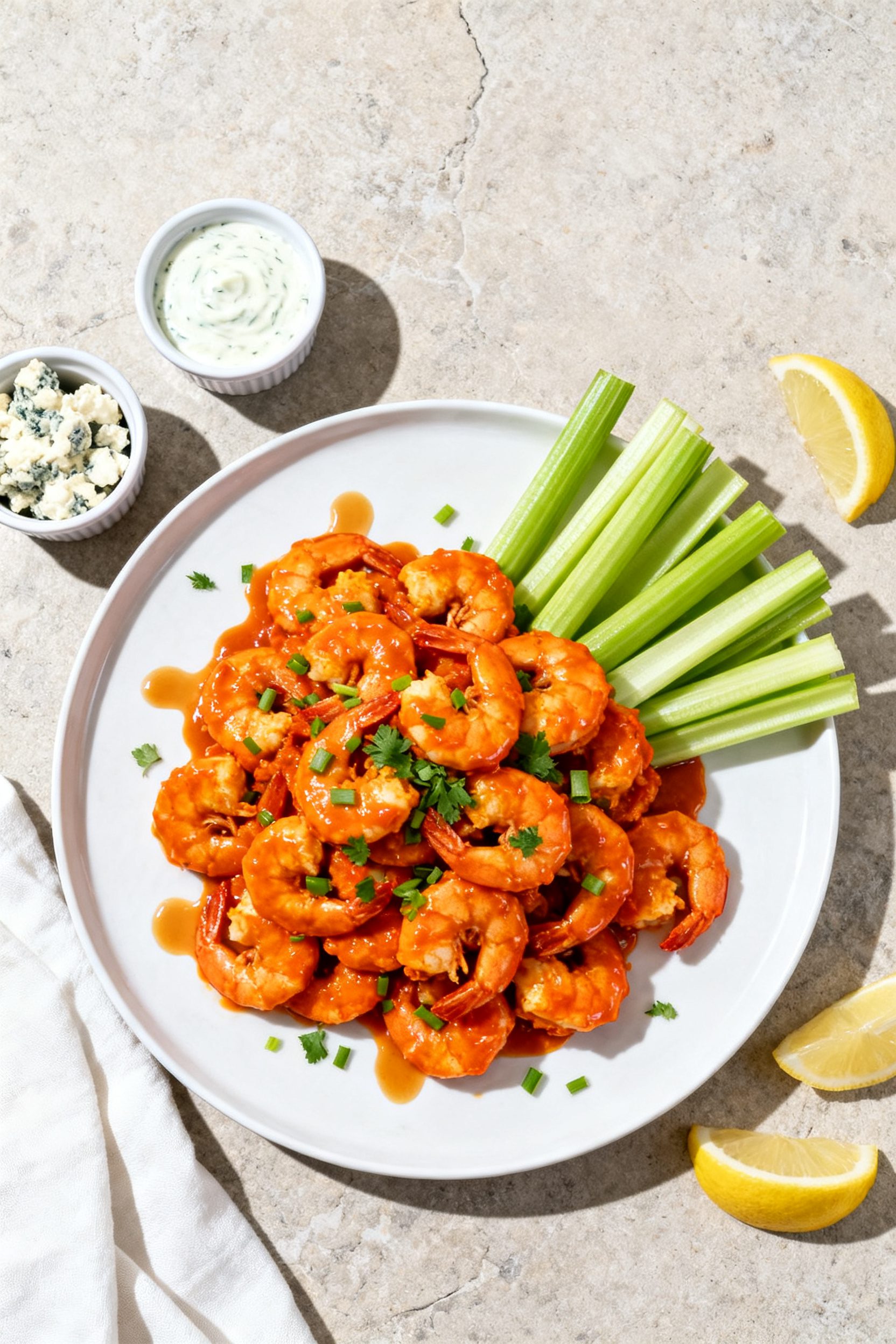 Tasty top view: Overhead shot of a game-day platter of Buffalo shrimp arranged in a generous mound, 