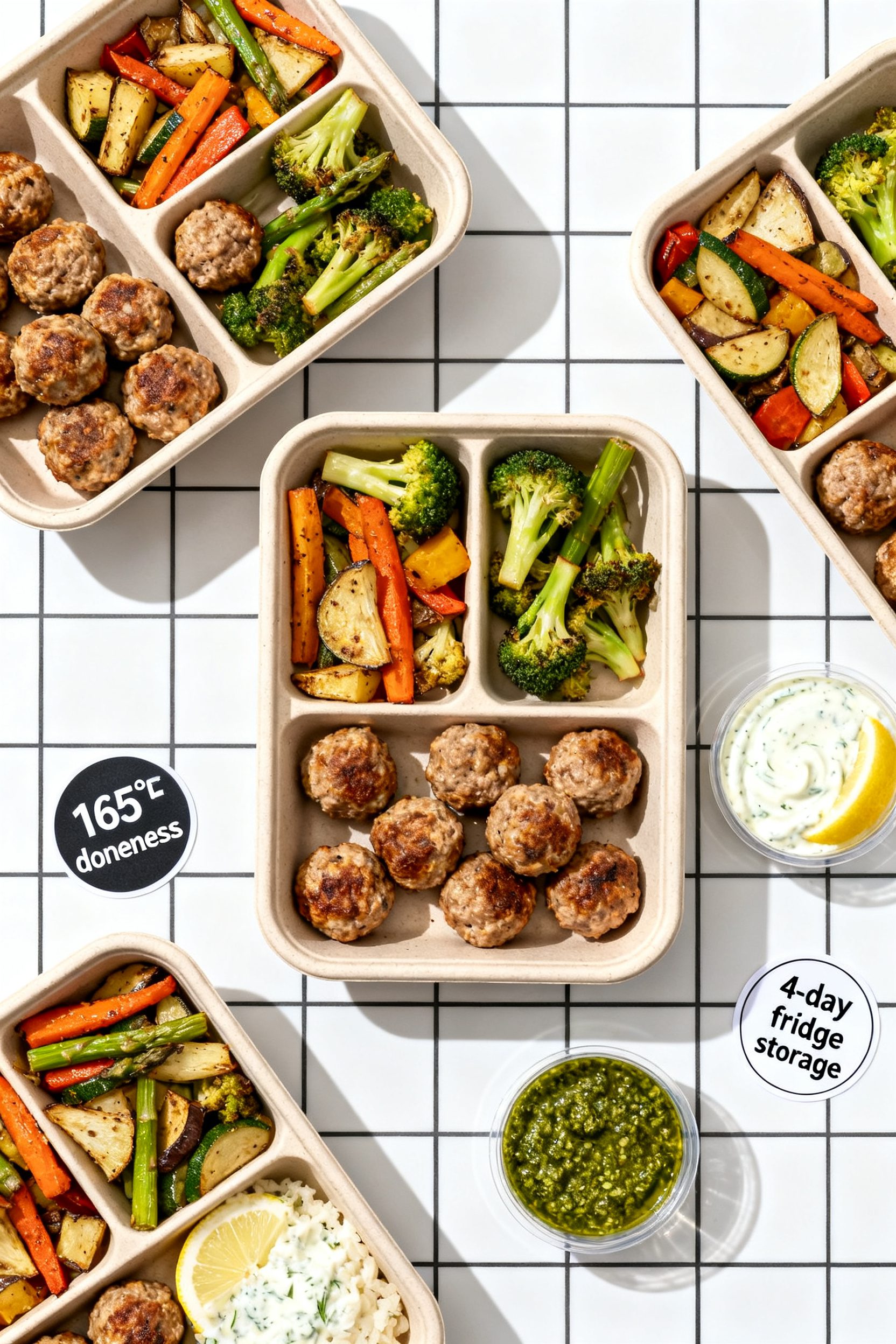 Tasty top view: Overhead shot of a meal-prep scene with neatly arranged portions—air-fried turkey