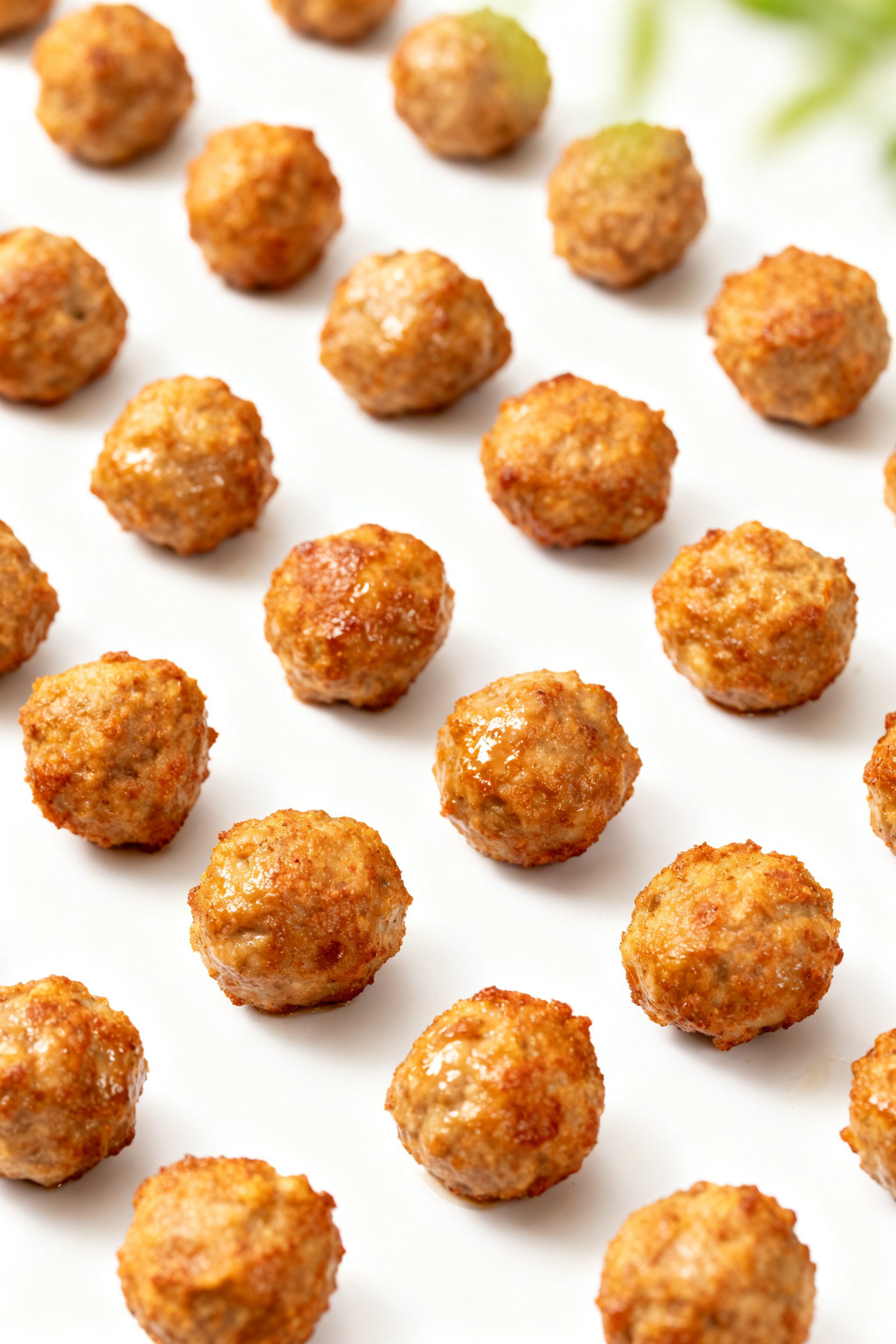 Tasty top view: Overhead shot of a meal-prep spread—neatly arranged cooked meatballs (uniform 1–