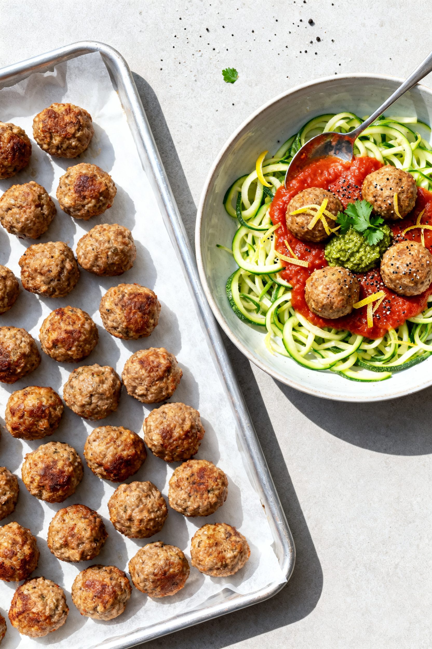 Tasty top view: Overhead shot of a meal-prep spread—neatly arranged cooked meatballs (16–18 piec