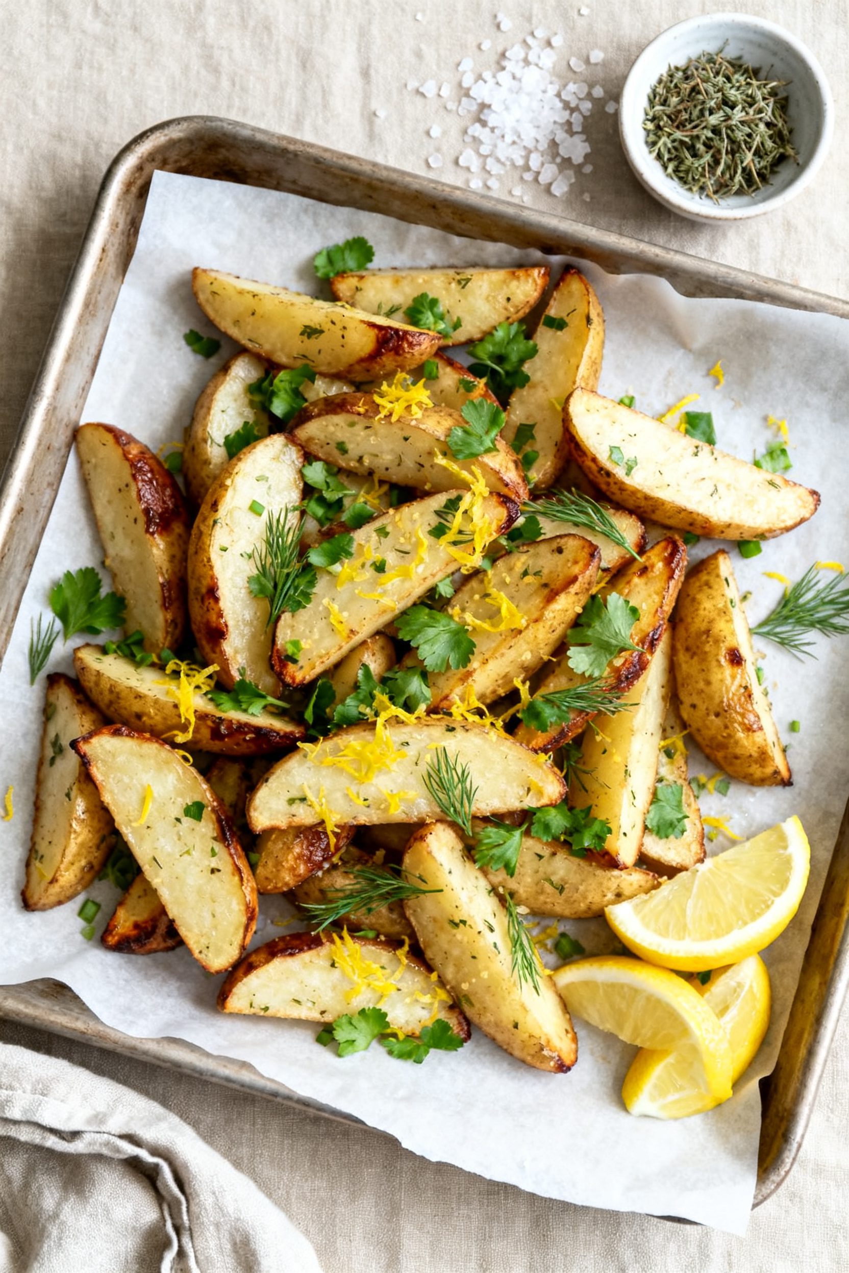Tasty top view: Overhead shot of a parchment-lined baking tray piled with finished Herb and Lemon ai