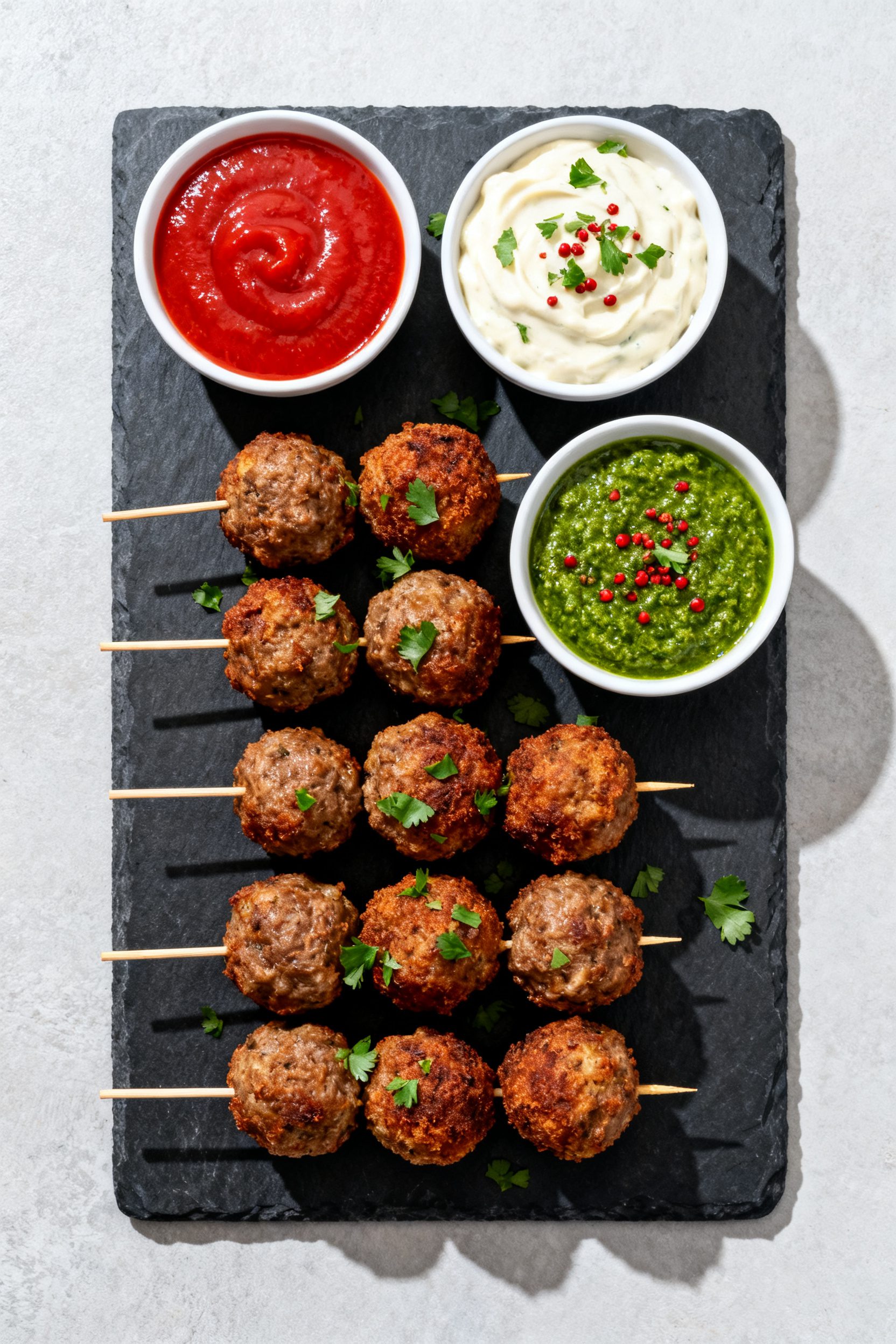 Tasty top view — Overhead shot of a party platter of air-fried meatballs arranged in neat rows wit