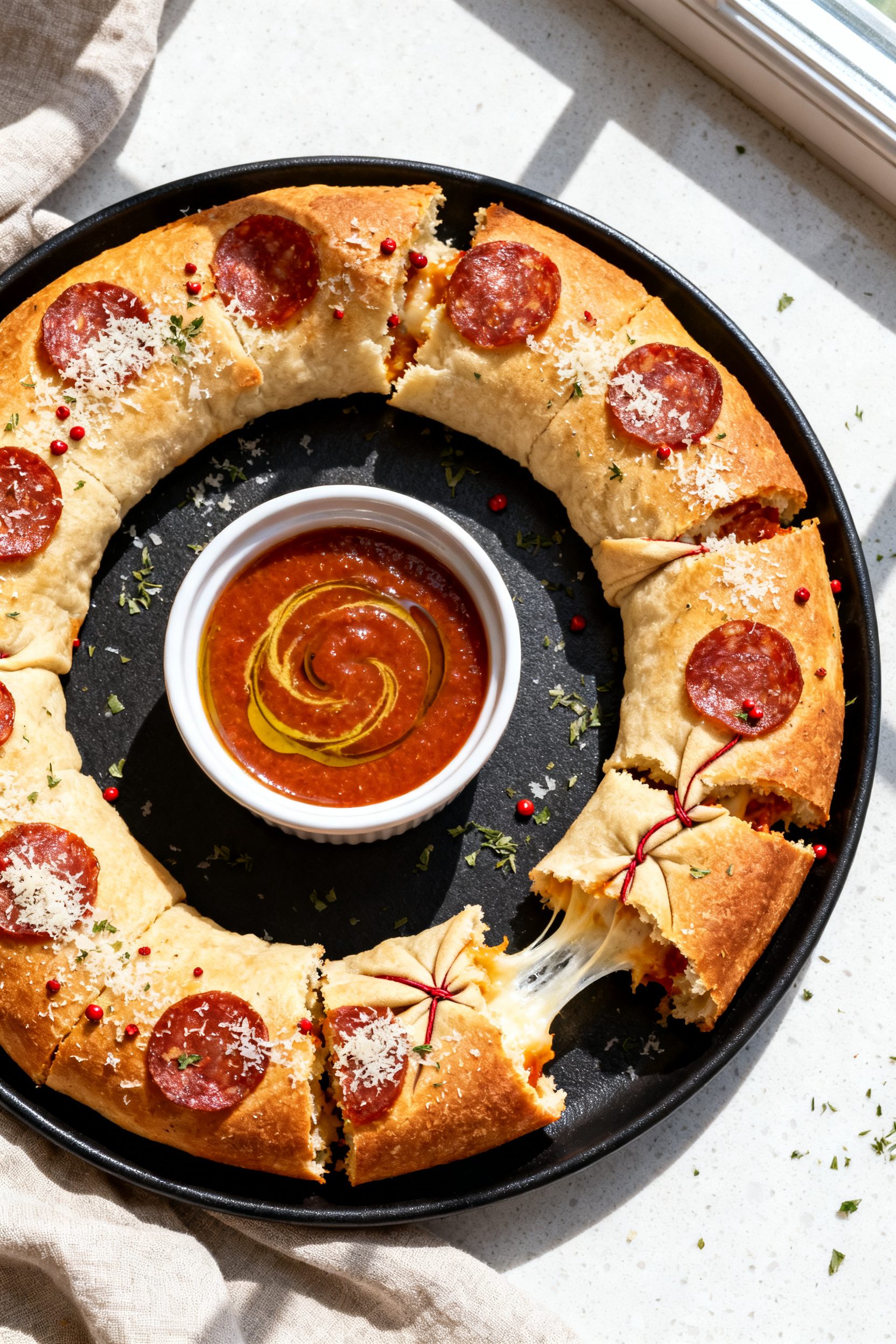Tasty top view: Overhead shot of a party-ready platter of pepperoni rolls arranged in a circular pat
