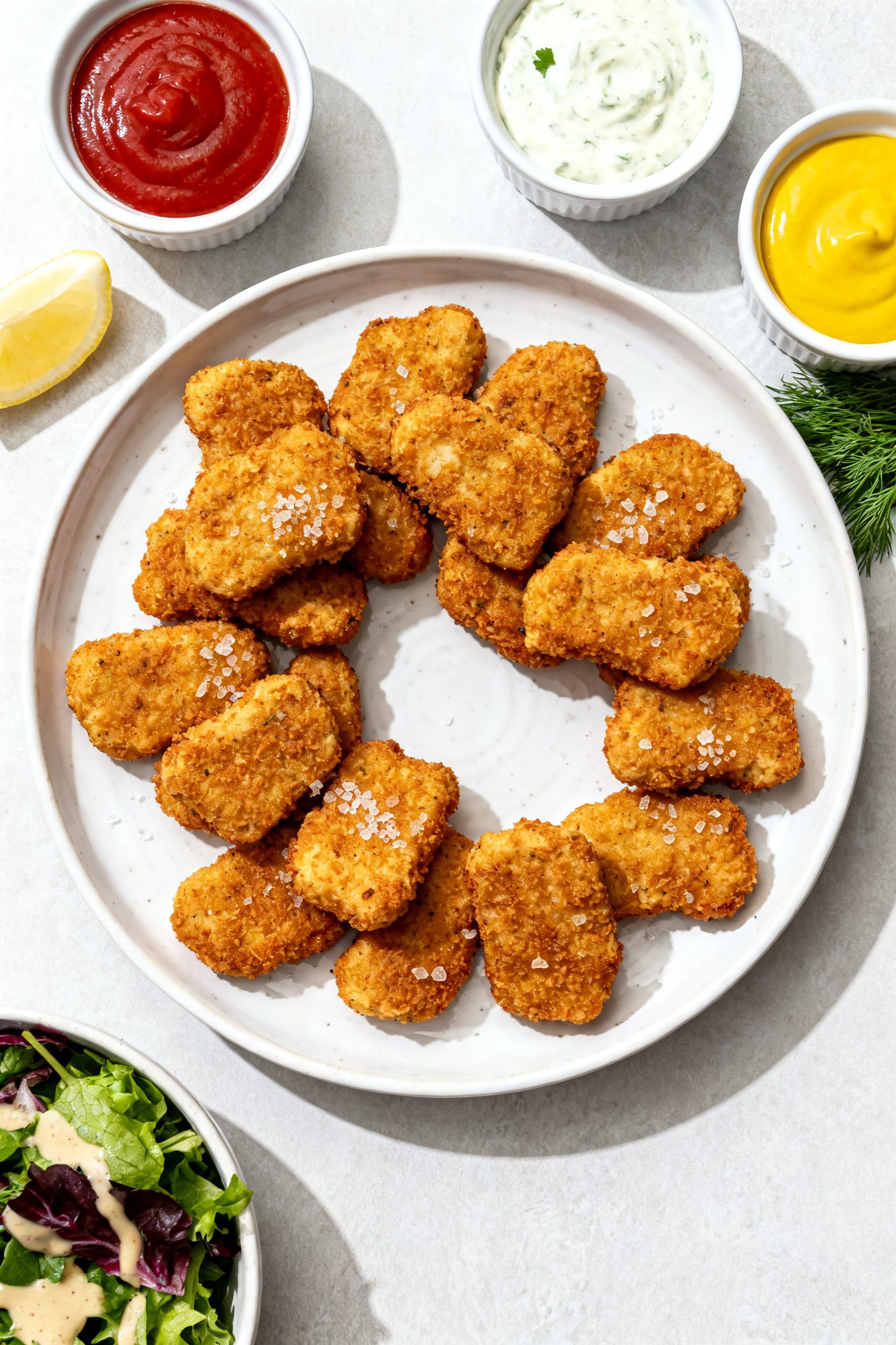 Tasty top view: Overhead shot of a platter of air fryer low carb chicken nuggets arranged in a loose