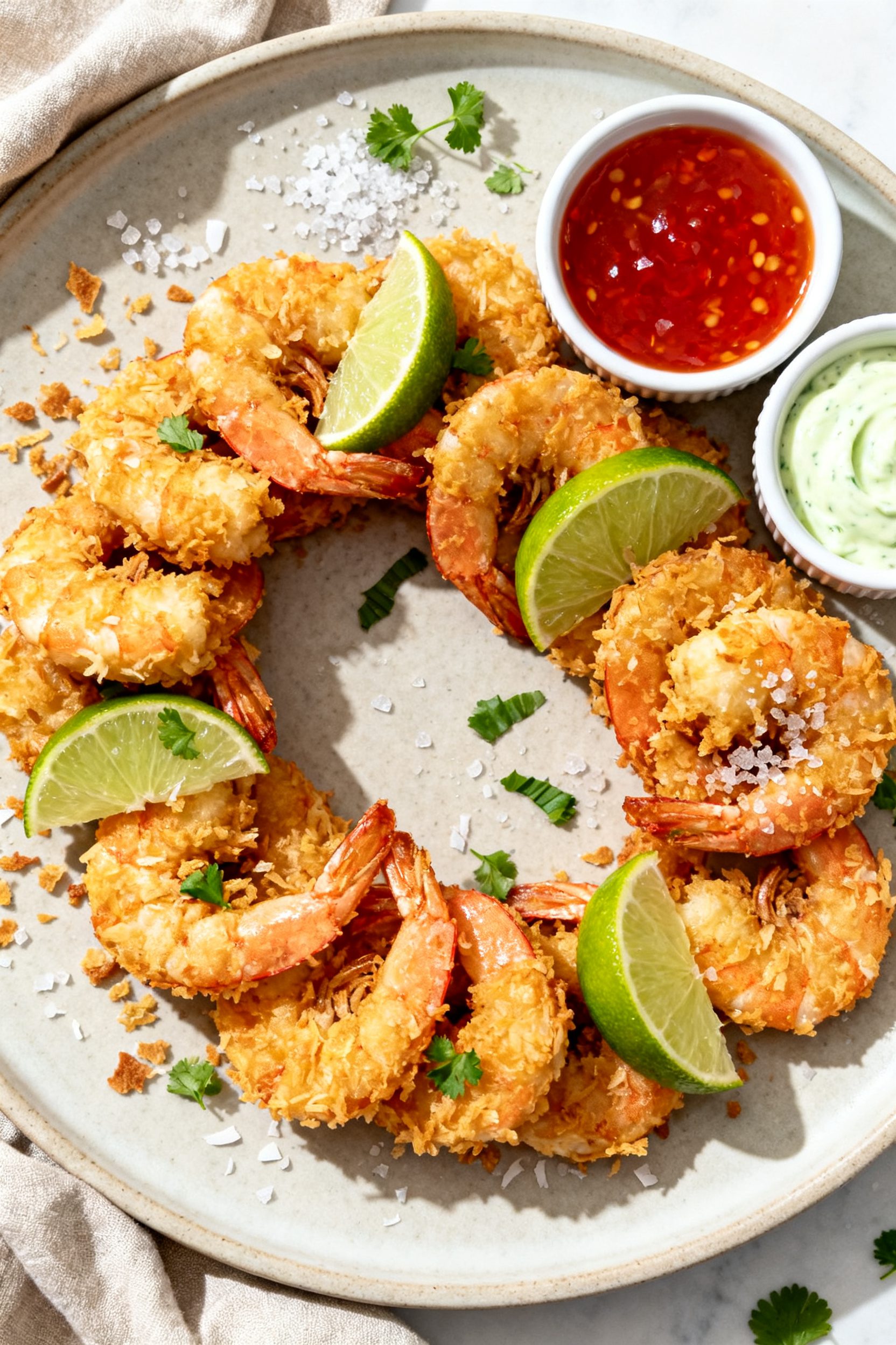 Tasty top view: Overhead shot of a platter of air-fried coconut shrimp arranged in a loose spiral, l