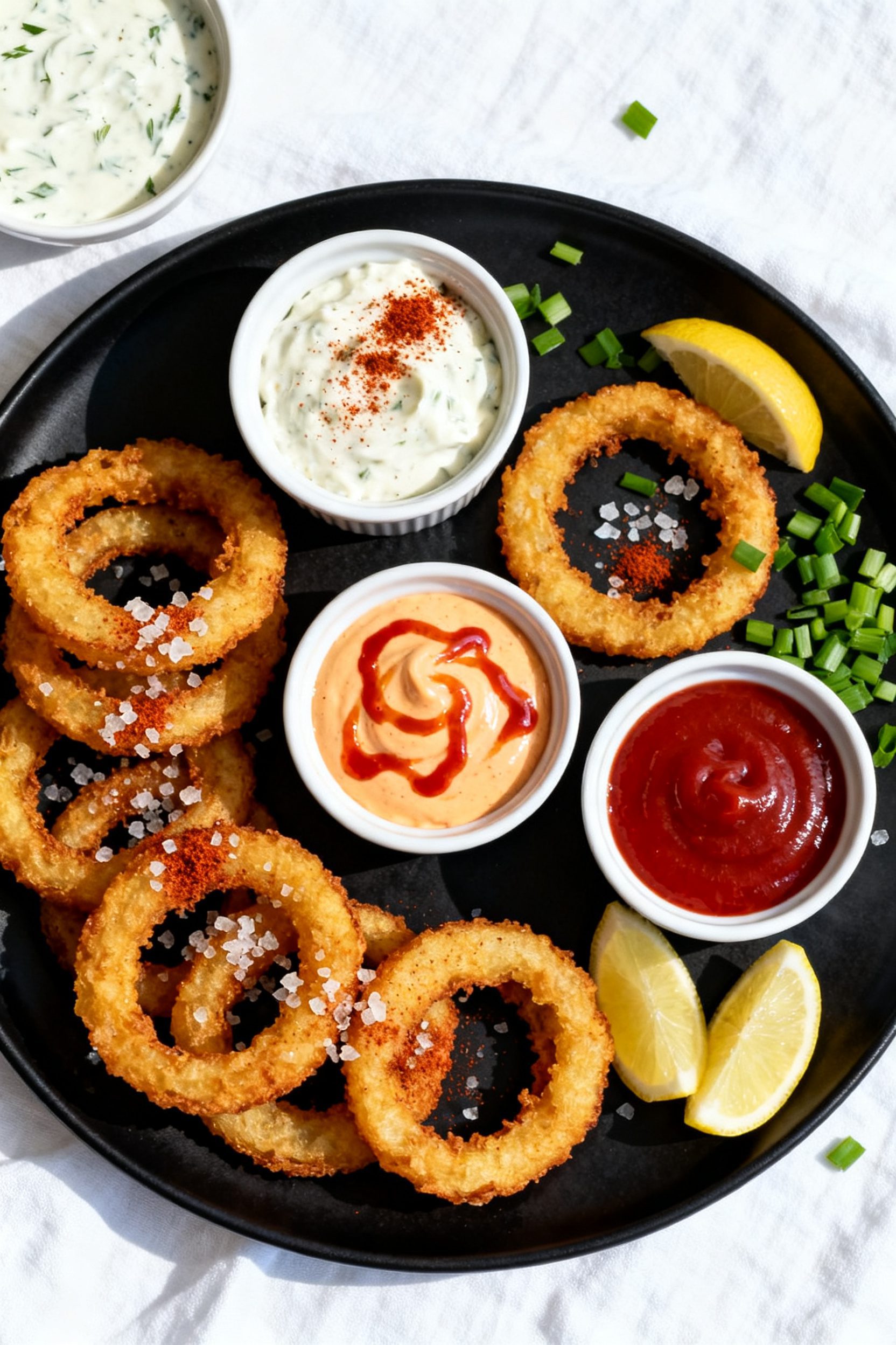 Tasty top view: Overhead shot of a platter of air-fried low-carb onion rings arranged in concentric