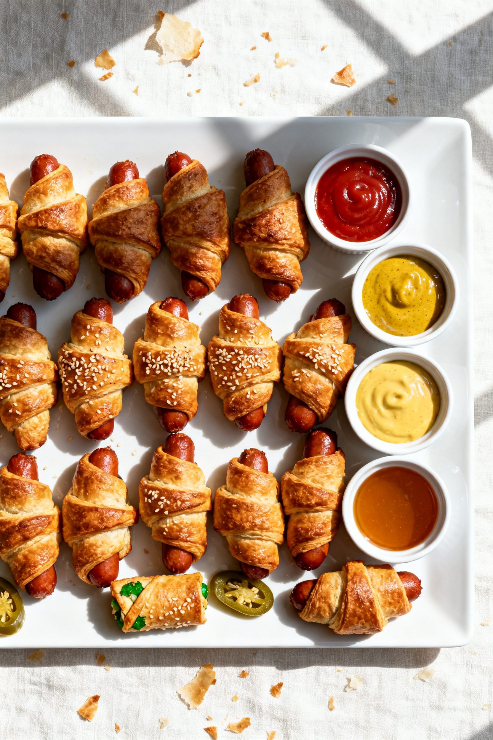 Tasty top view: Overhead shot of a platter of finished Air Fryer Crescent Roll Hot Dogs, uniformly d
