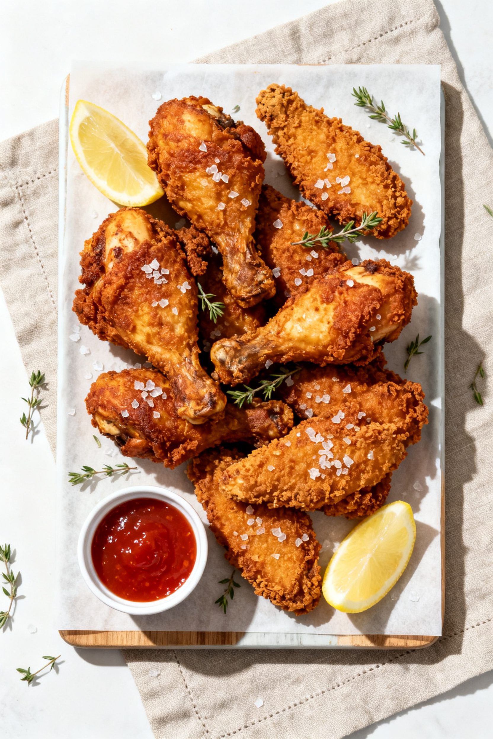 Tasty top view: Overhead shot of a serving platter piled with assorted pieces (drumsticks, thighs, t