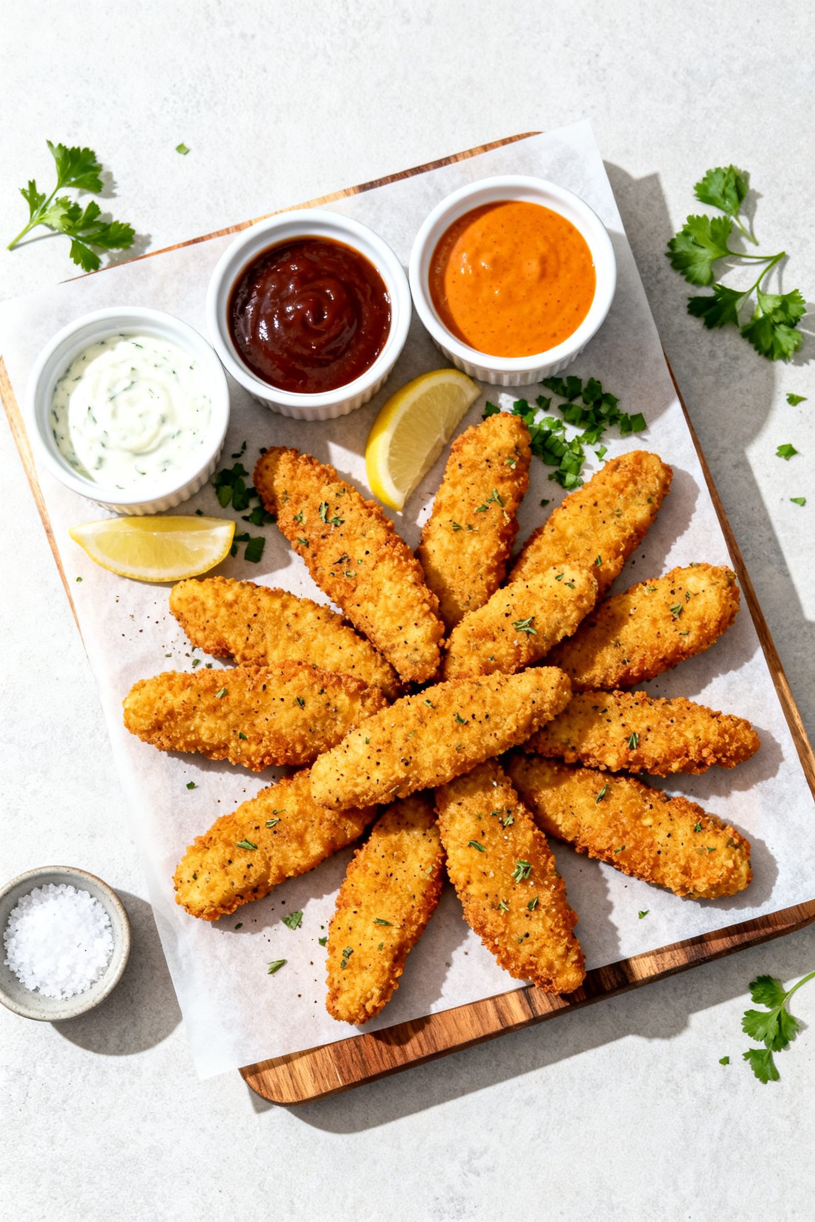 Tasty top view: Overhead shot of a shareable platter of gluten-free chicken tenders arranged in a fa