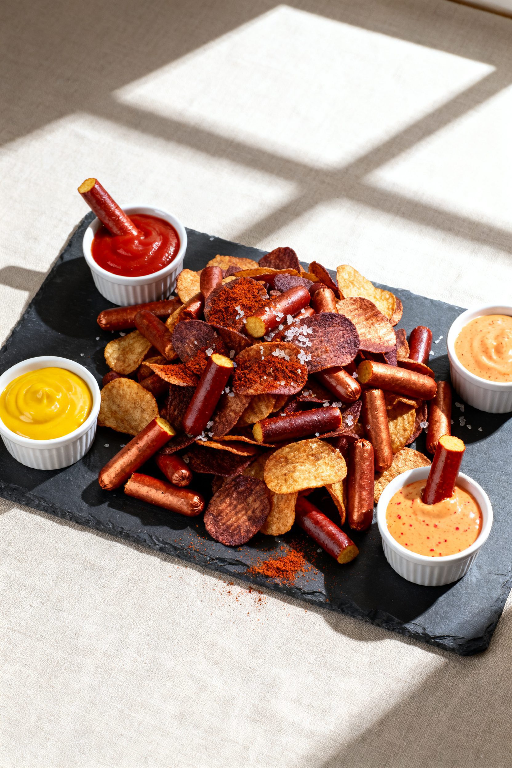 Tasty top view: Overhead shot of a snack board piled with hot dog chips in varying shades of mahogan