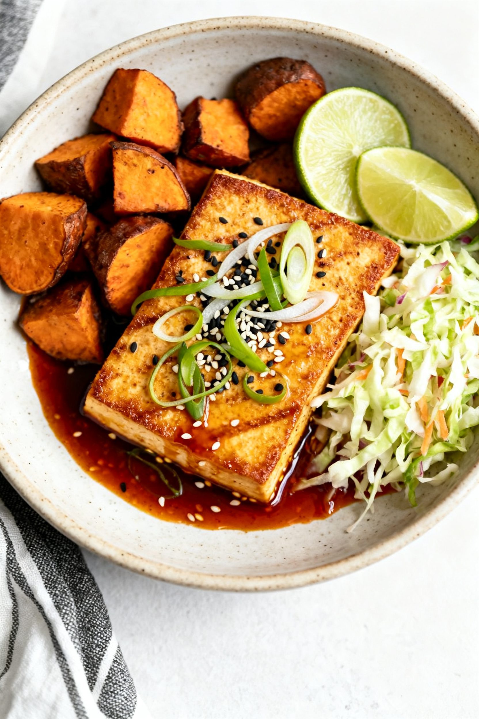 Tasty top view: Overhead shot of a tofu steak bowl—glossy gochujang-soy glaze pooled slightly arou