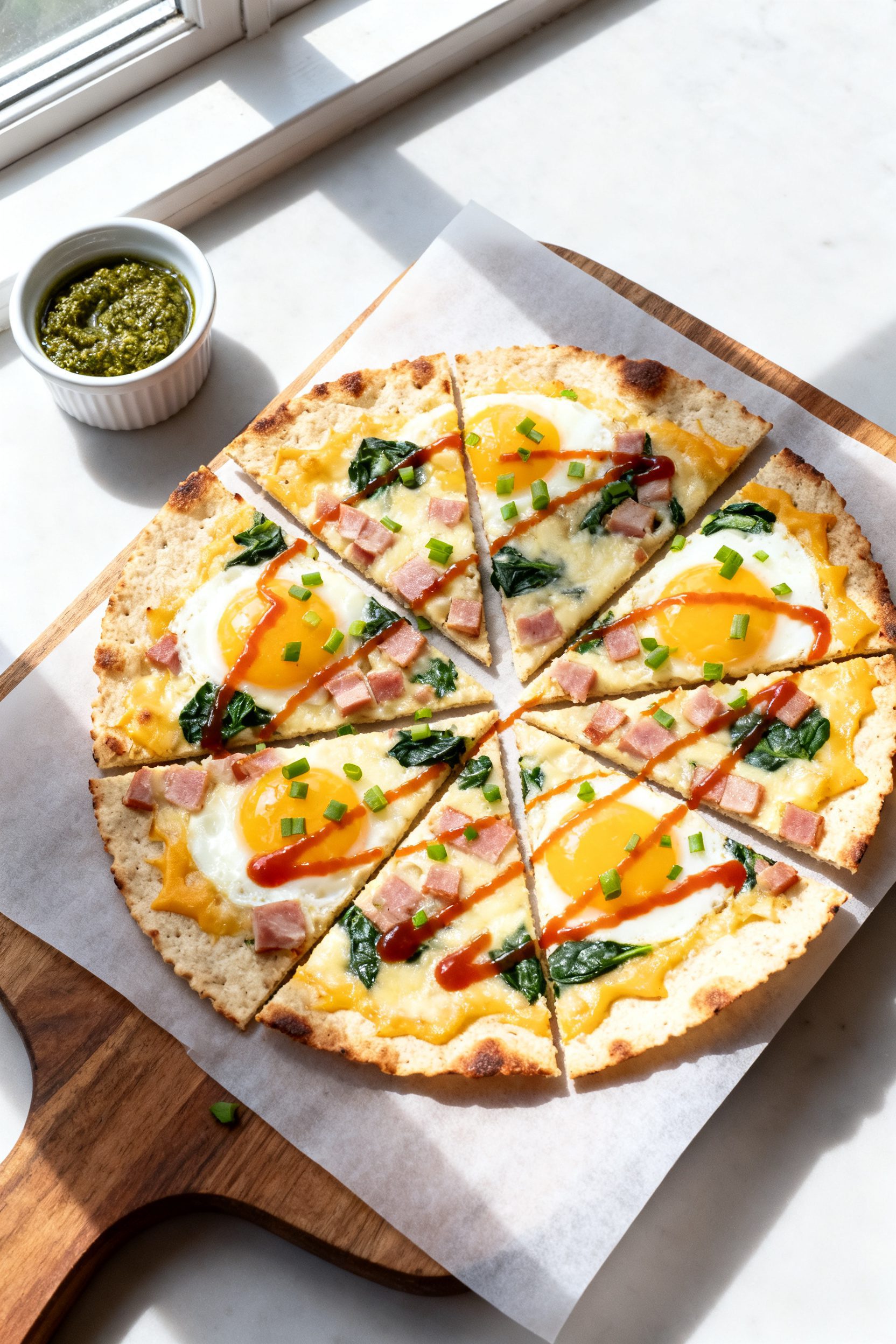 Tasty top view: Overhead shot of a tortilla “flatbread” breakfast pizza sliced into neat wedges