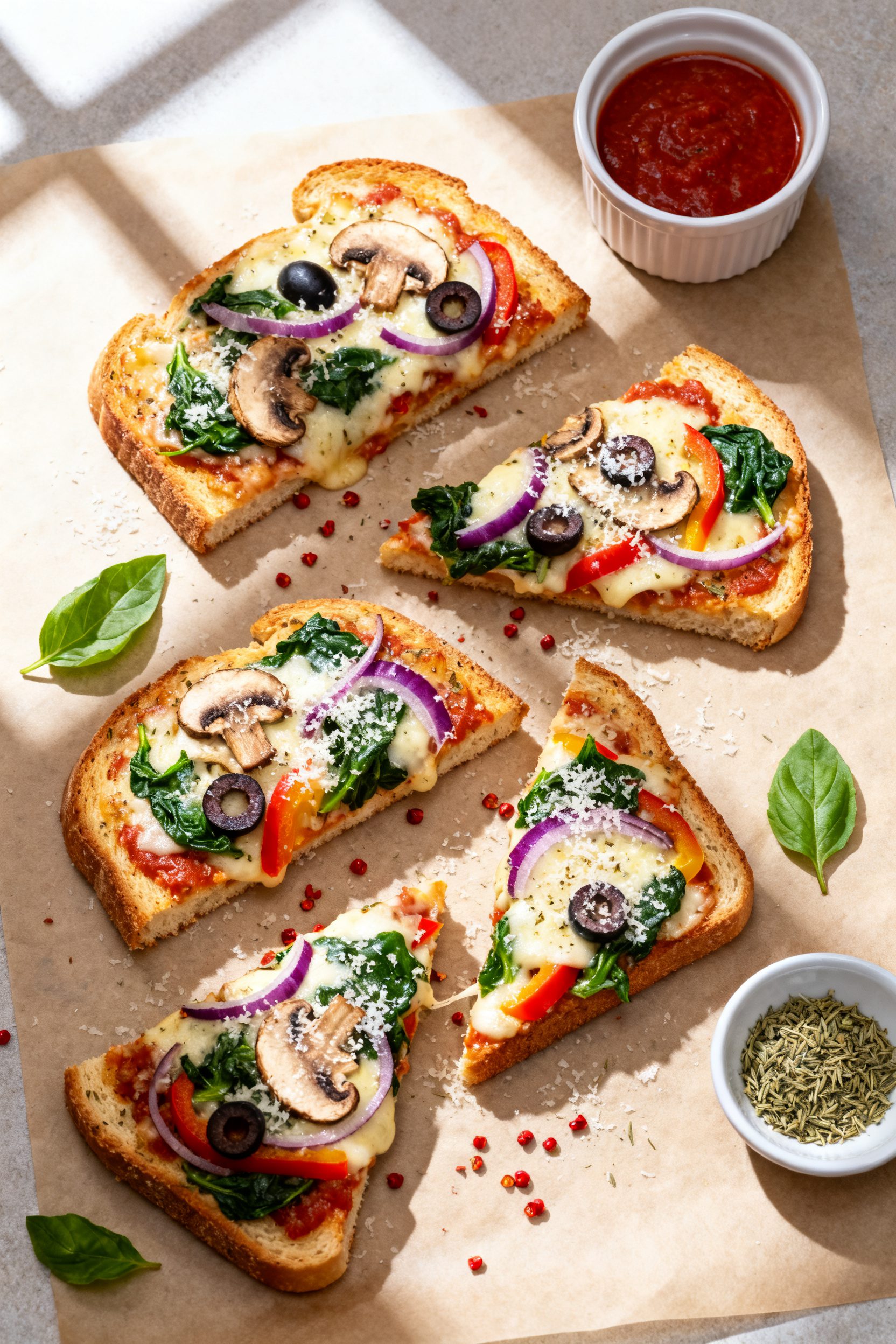 Tasty top view: Overhead shot of a Veggie Supreme garlic bread pizza assortment on a parchment-lined
