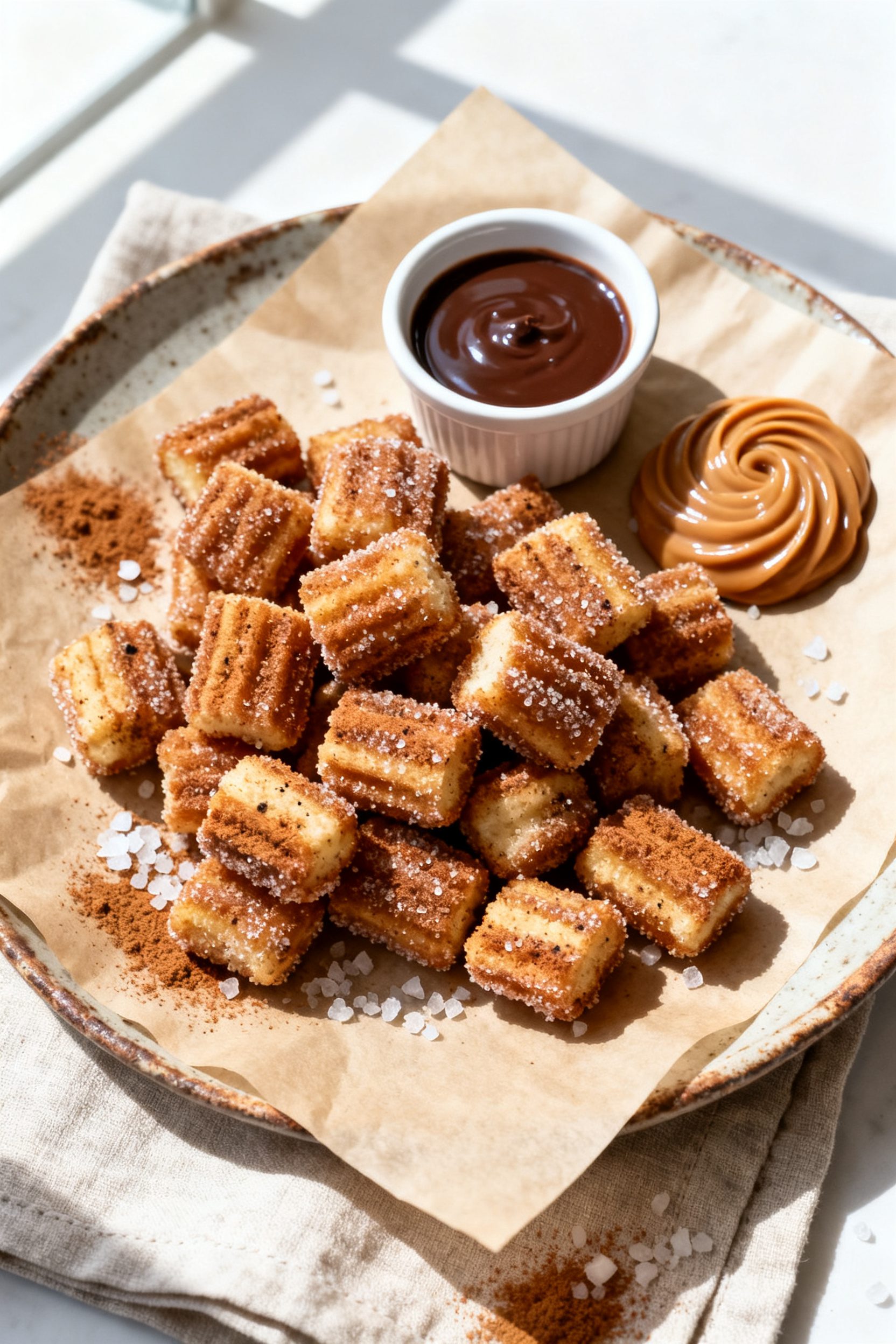 Tasty top view: Overhead shot of a warm pile of cinnamon-sugar–coated churro bites on a parchment-