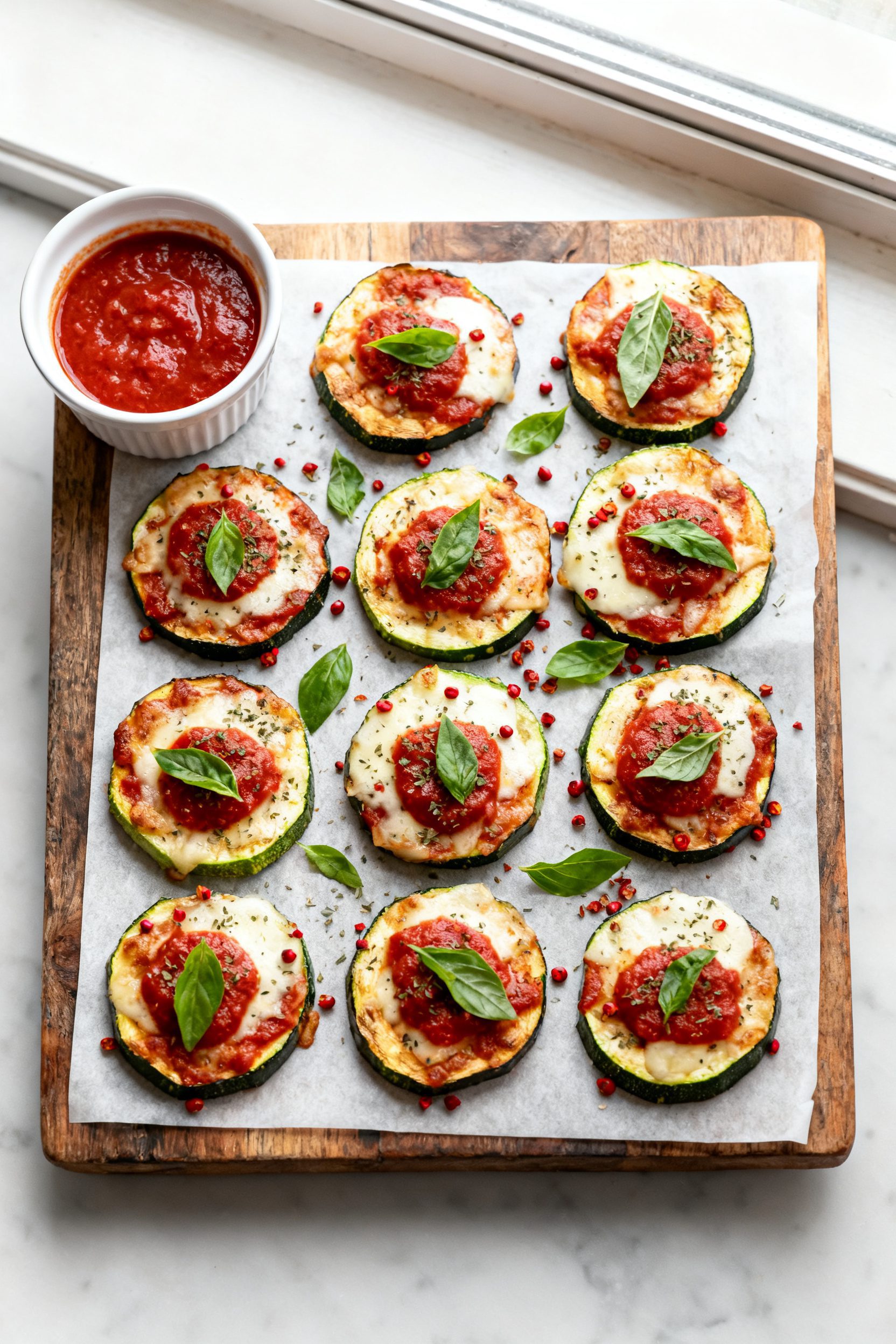 Tasty top view: Overhead shot of a warm platter of zucchini pizza bites arranged in a tight grid on 