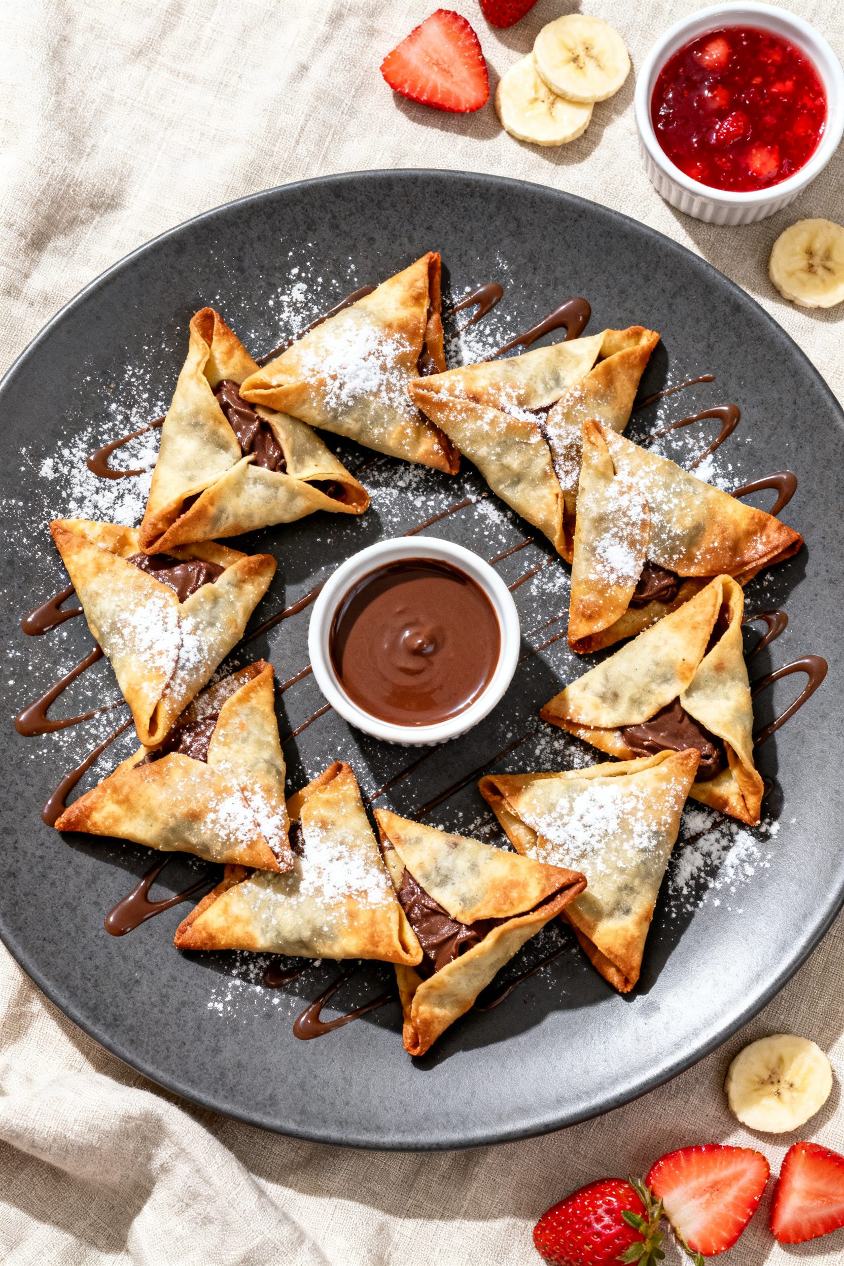 Tasty top view: Overhead shot of a warm platter of air fryer Nutella wontons arranged in a loose spi