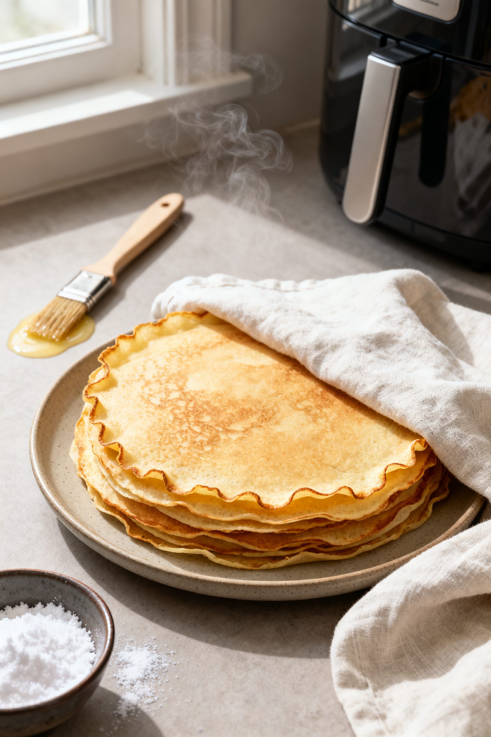 Tasty top view: Overhead shot of a warm stack of finished air fryer crepes on a neutral ceramic plat