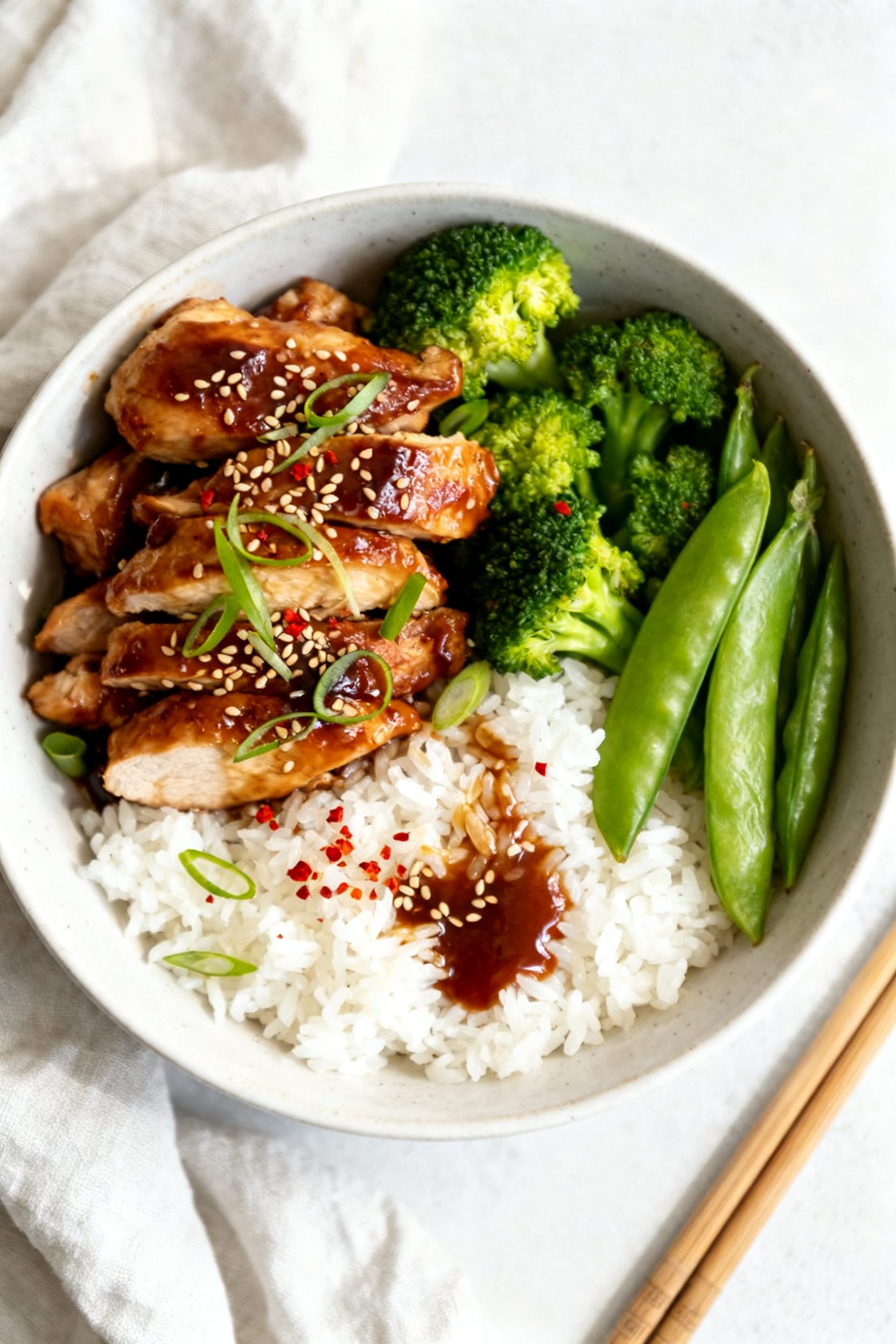 Tasty top view: Overhead shot of a weeknight bowl—teriyaki-glazed chicken piled over fluffy steame