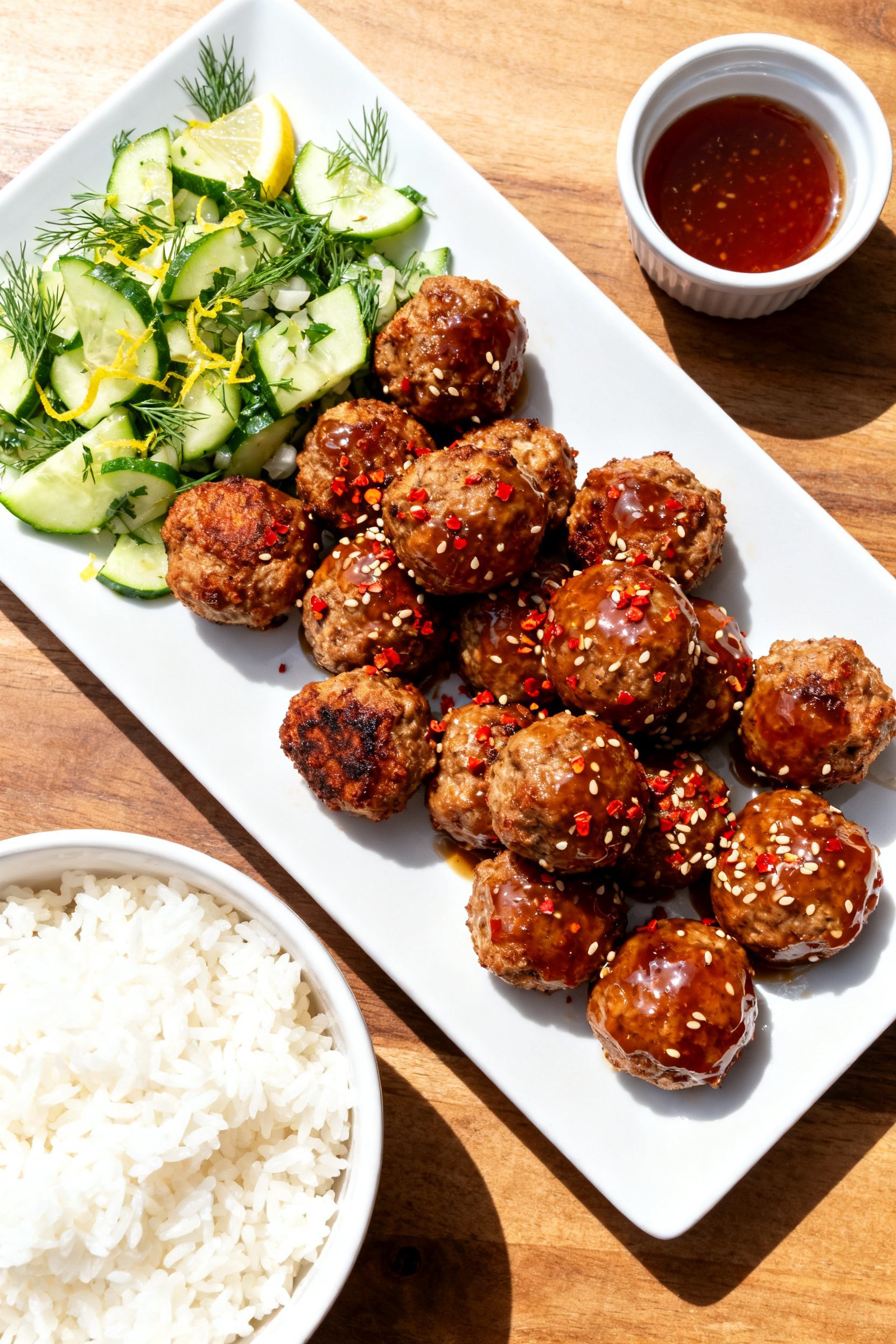 Tasty top view: Overhead shot of a weeknight platter—air-fried pork meatballs glazed in a glossy h