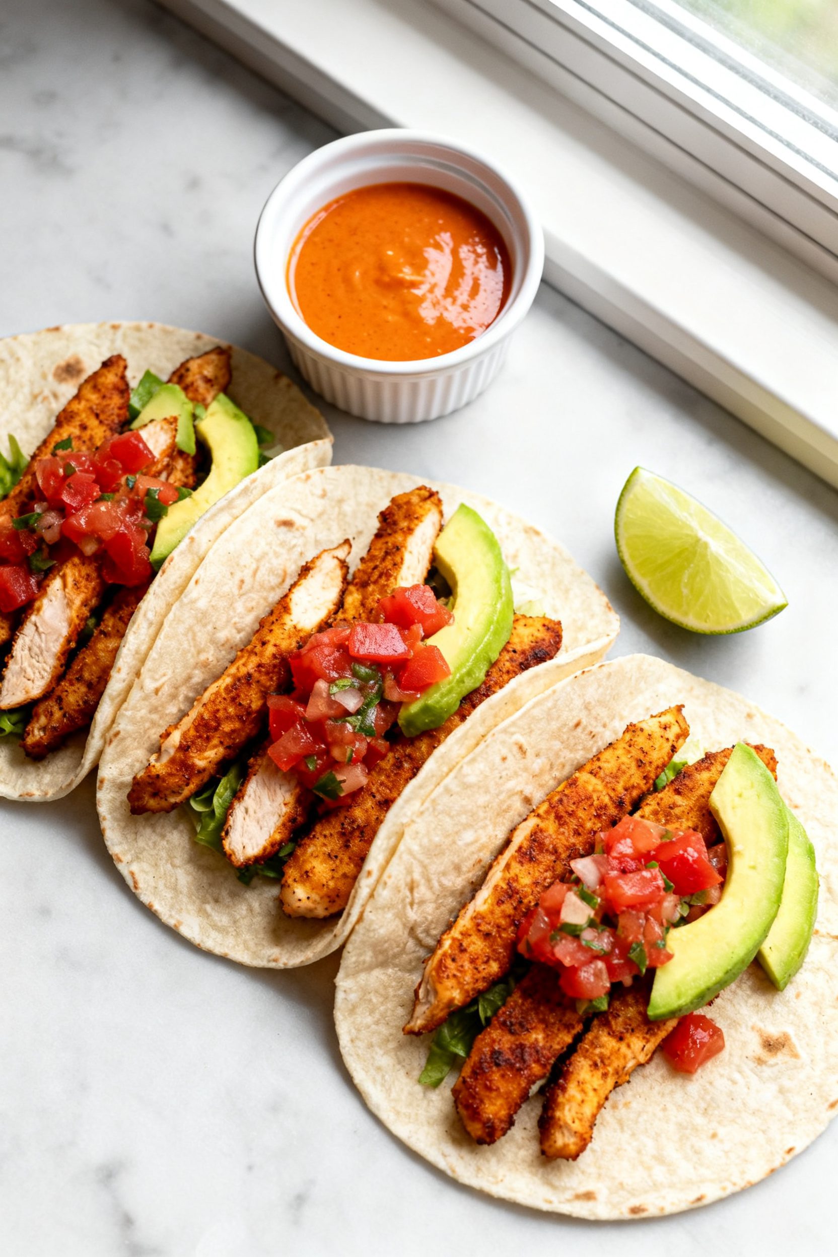 Tasty top view: Overhead shot of air fryer chicken strips styled for tacos and wraps—warm tortilla
