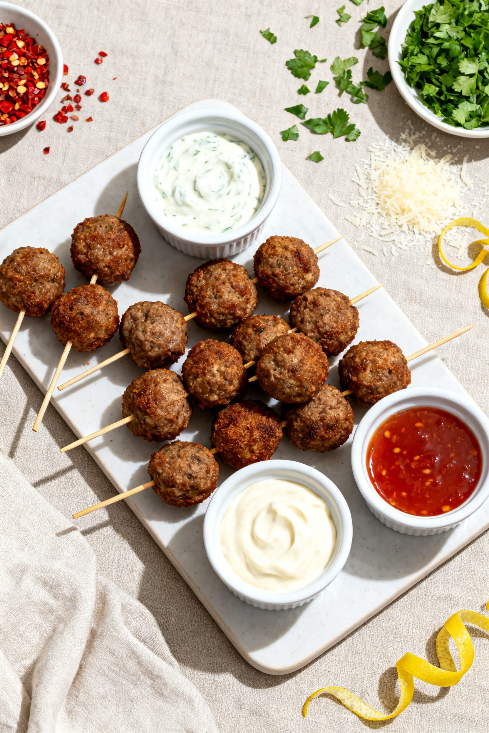 Tasty top view: Overhead shot of an appetizer board featuring plain air-fried meatballs served with 