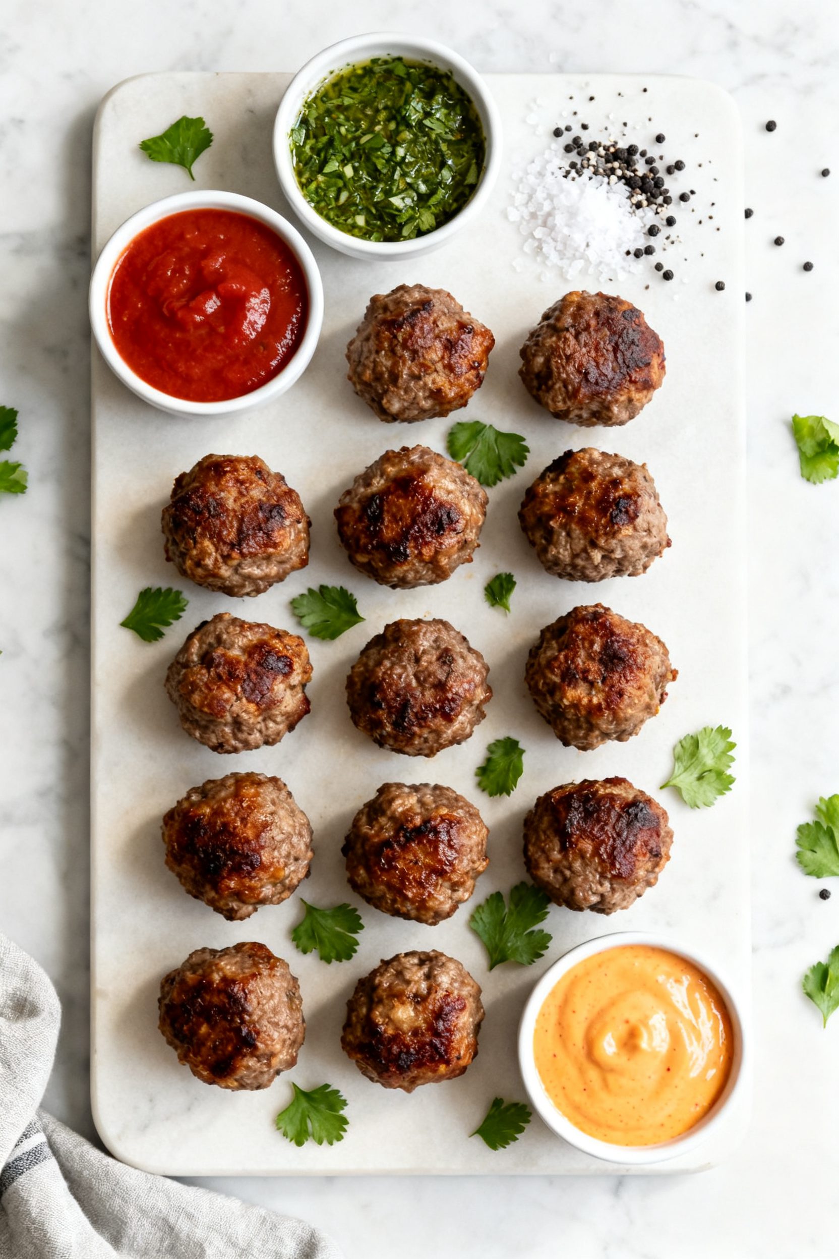 Tasty top view: Overhead shot of an appetizer-style platter of Air Fryer Beef Meatballs arranged in 