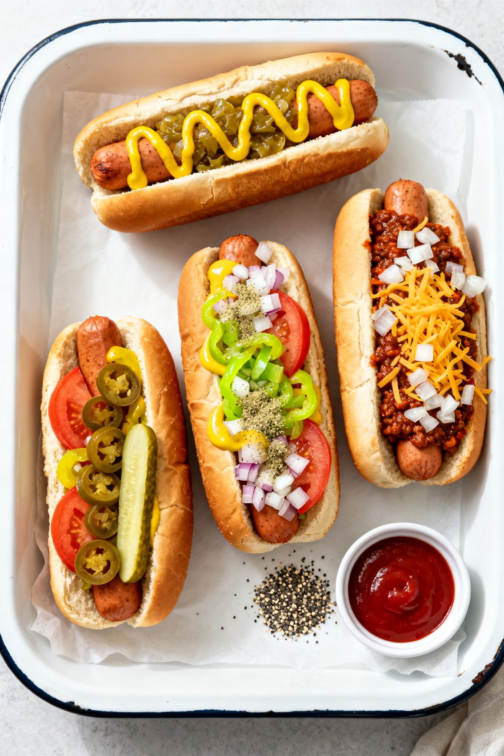 Tasty top view: Overhead shot of assembled air fryer turkey hot dogs in warm, lightly toasted buns o