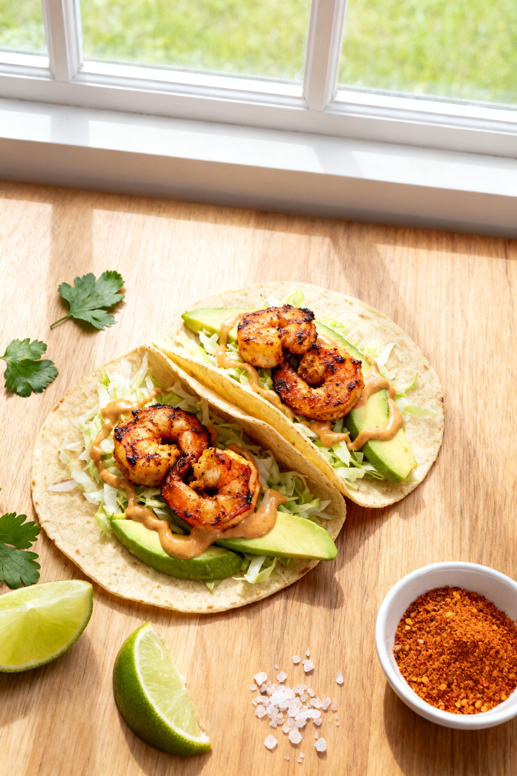 Tasty top view: Overhead shot of Cajun shrimp taco spread—two warm tortillas filled with Cajun shr