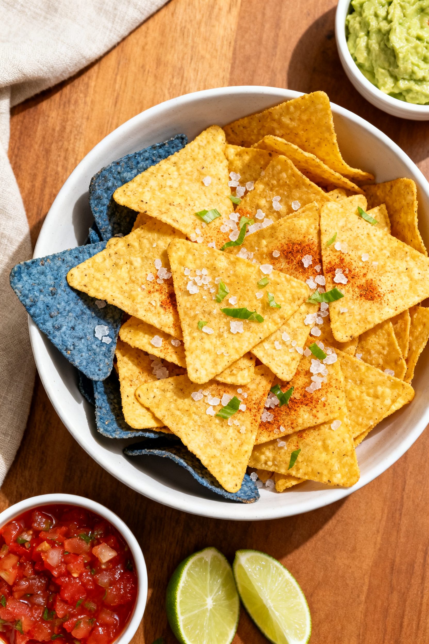 Tasty top view: Overhead shot of final plated air fryer corn chips, perfectly crisp and evenly golde