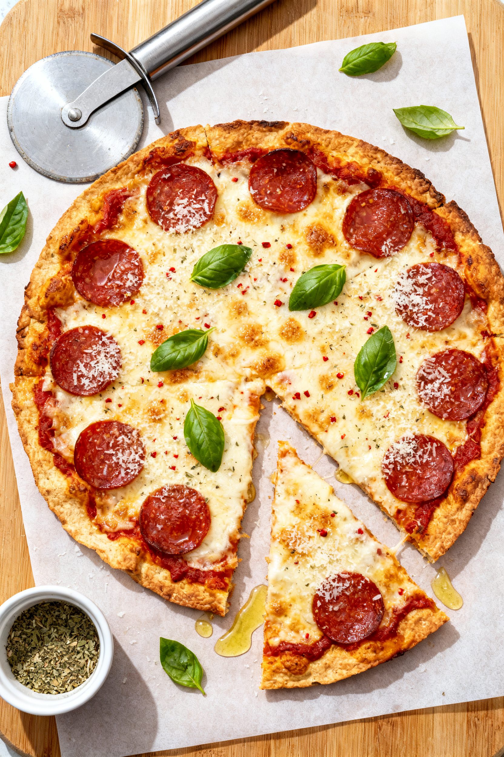 Tasty top view — Overhead shot of finished keto tortilla pepperoni pizza on a parchment-lined wood