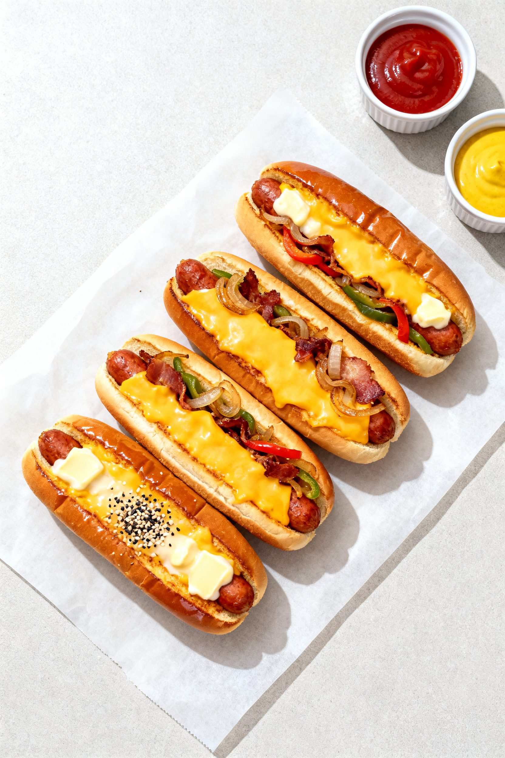 Tasty top view: Overhead shot of four assembled air fryer grilled cheese hot dogs on a parchment-lin