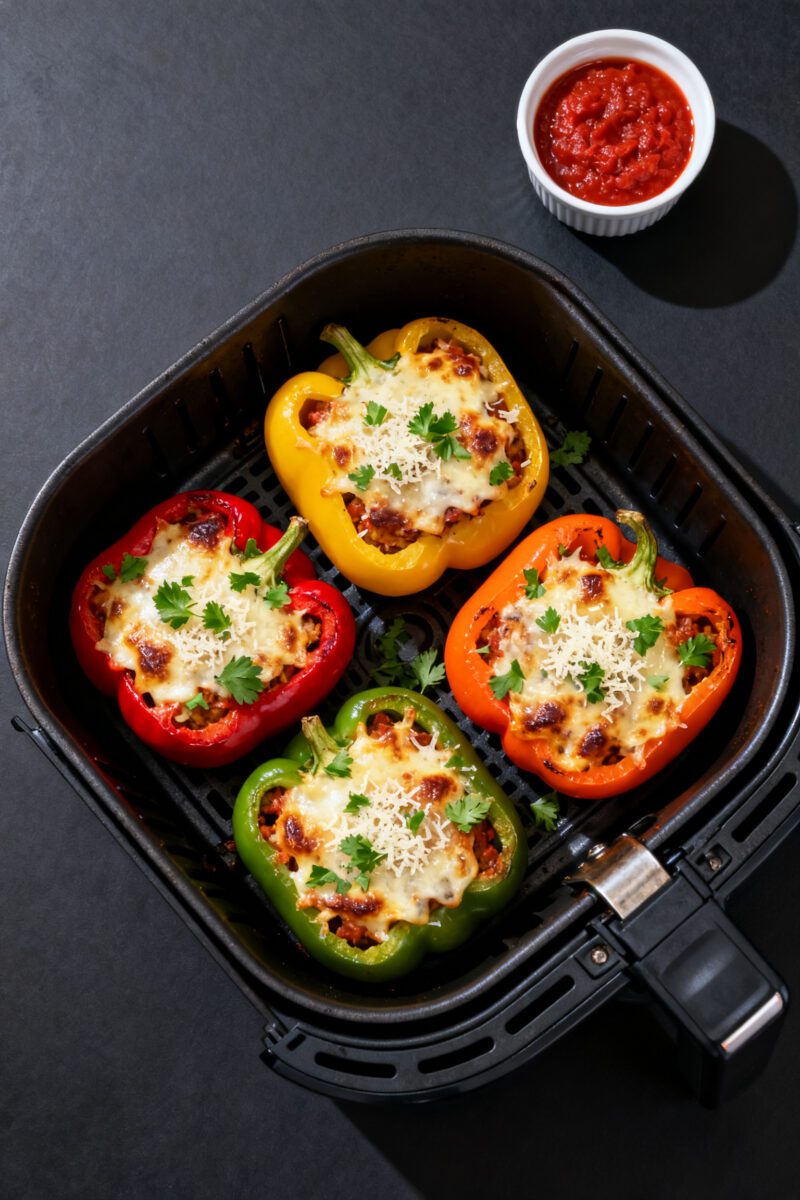 Tasty top view: Overhead shot of four colorful cooked stuffed peppers (red, yellow, green, orange) a