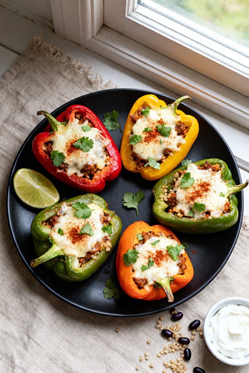 Tasty top view: Overhead shot of four colorful cooked stuffed peppers (red, yellow, green, orange) a
