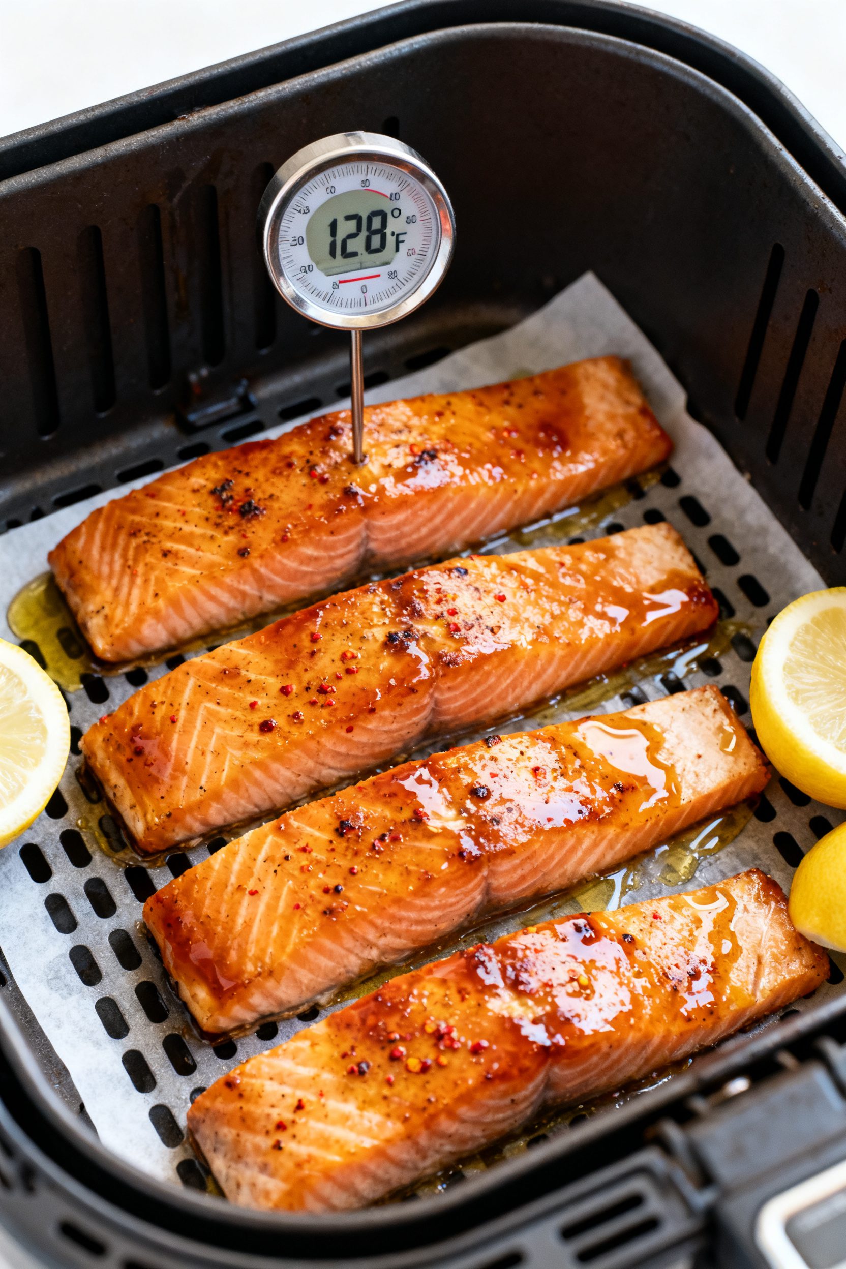 Tasty top view: Overhead shot of four salmon fillets arranged in a single layer in an air fryer, gla