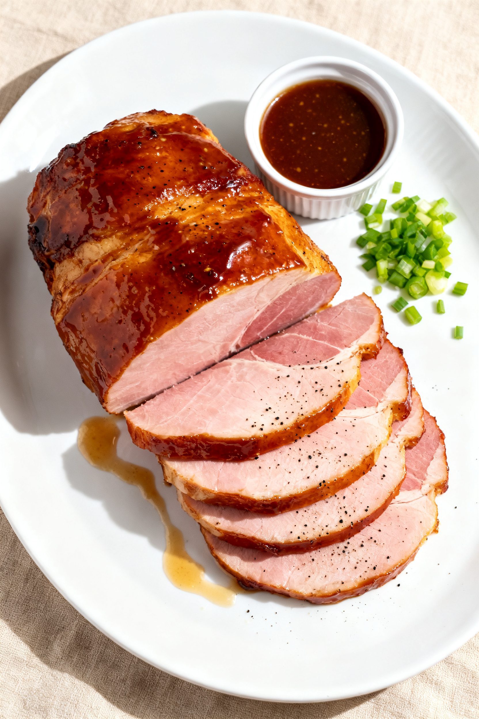 Tasty top view: Overhead shot of freshly cooked ham slices stacked slightly overlapping on a matte w