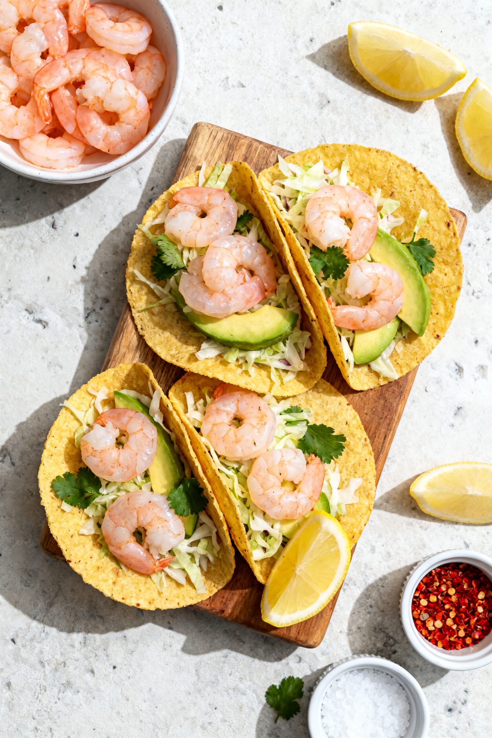 Tasty top view: Overhead shot of Healthy Air Fryer Shrimp taco board—warm corn tortillas filled wi