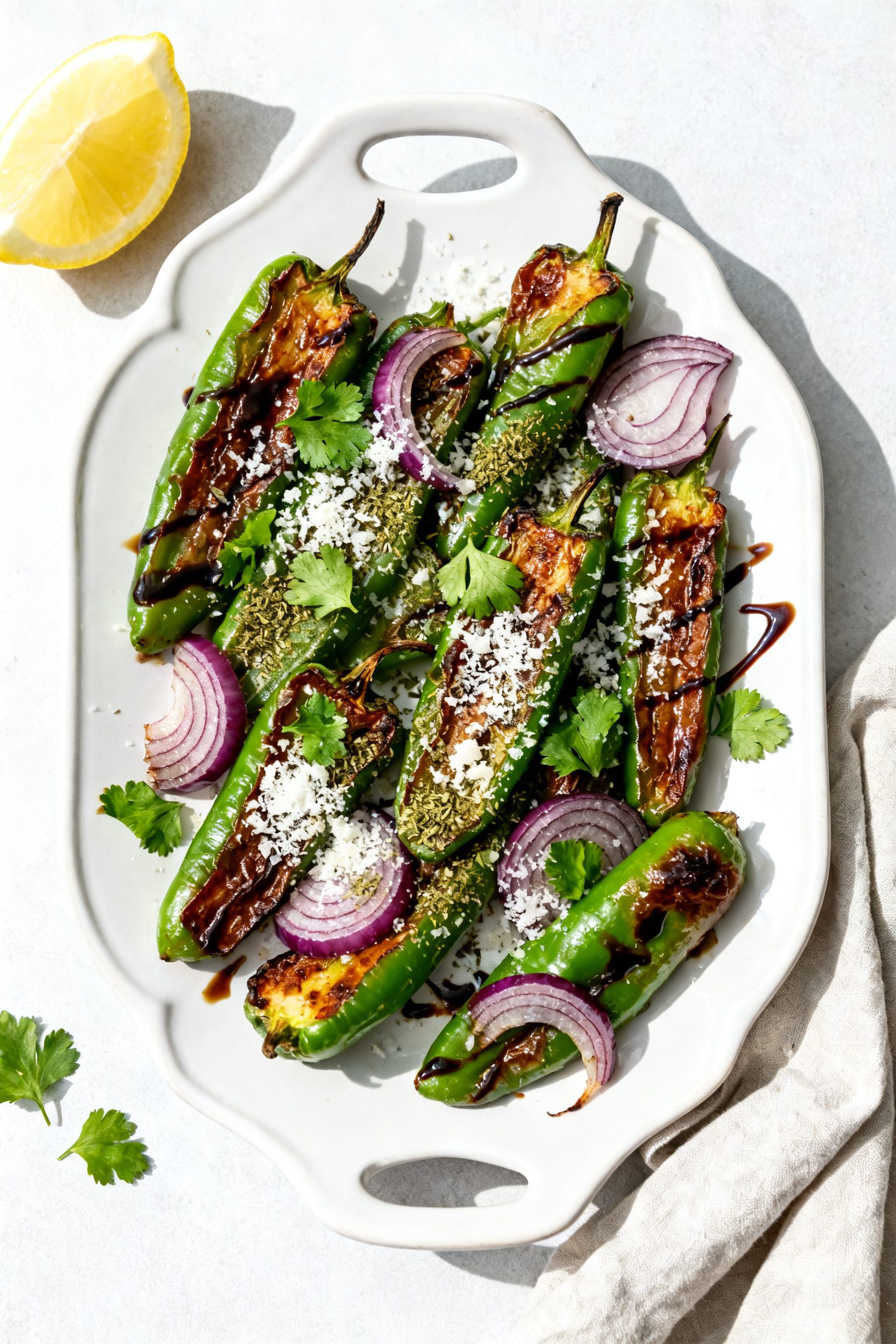 Tasty top view: Overhead shot of Italian-style variation—air-fried green peppers with sliced red o