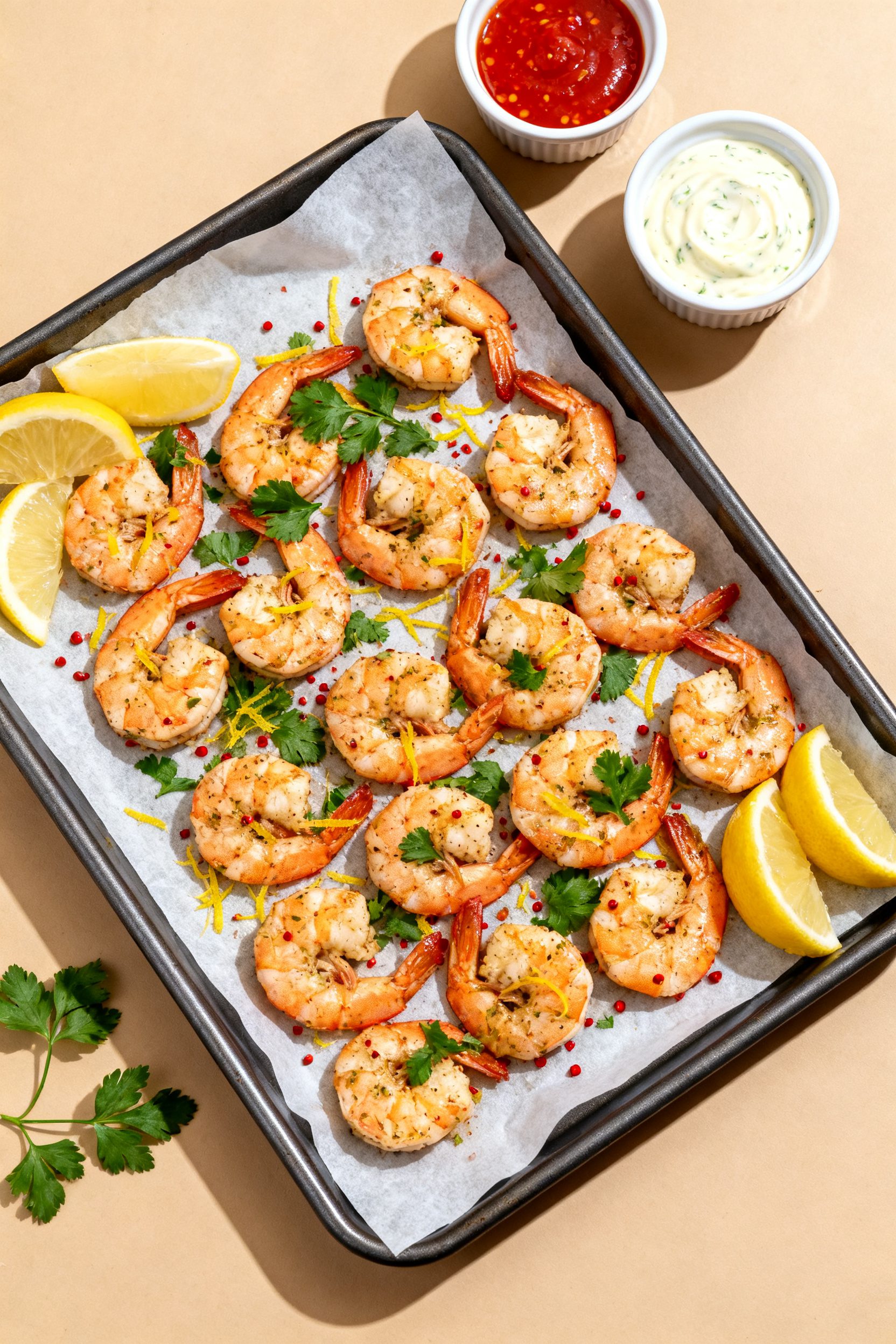 Tasty top view: Overhead shot of lemon-garlic air fryer shrimp arranged in a single layer on a parch