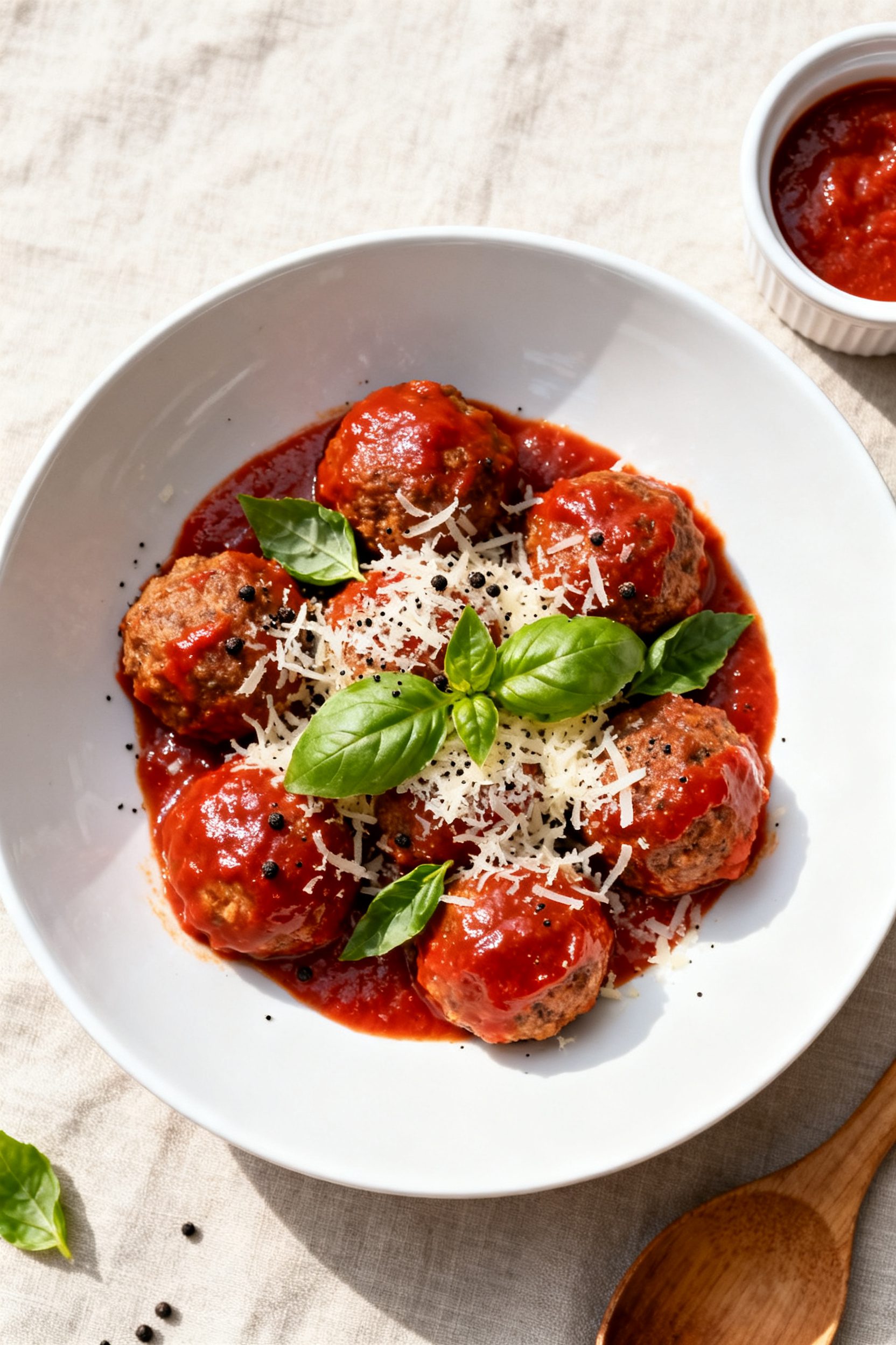 Tasty top view: Overhead shot of meatballs tossed in warm marinara in a wide, shallow white bowl, gl