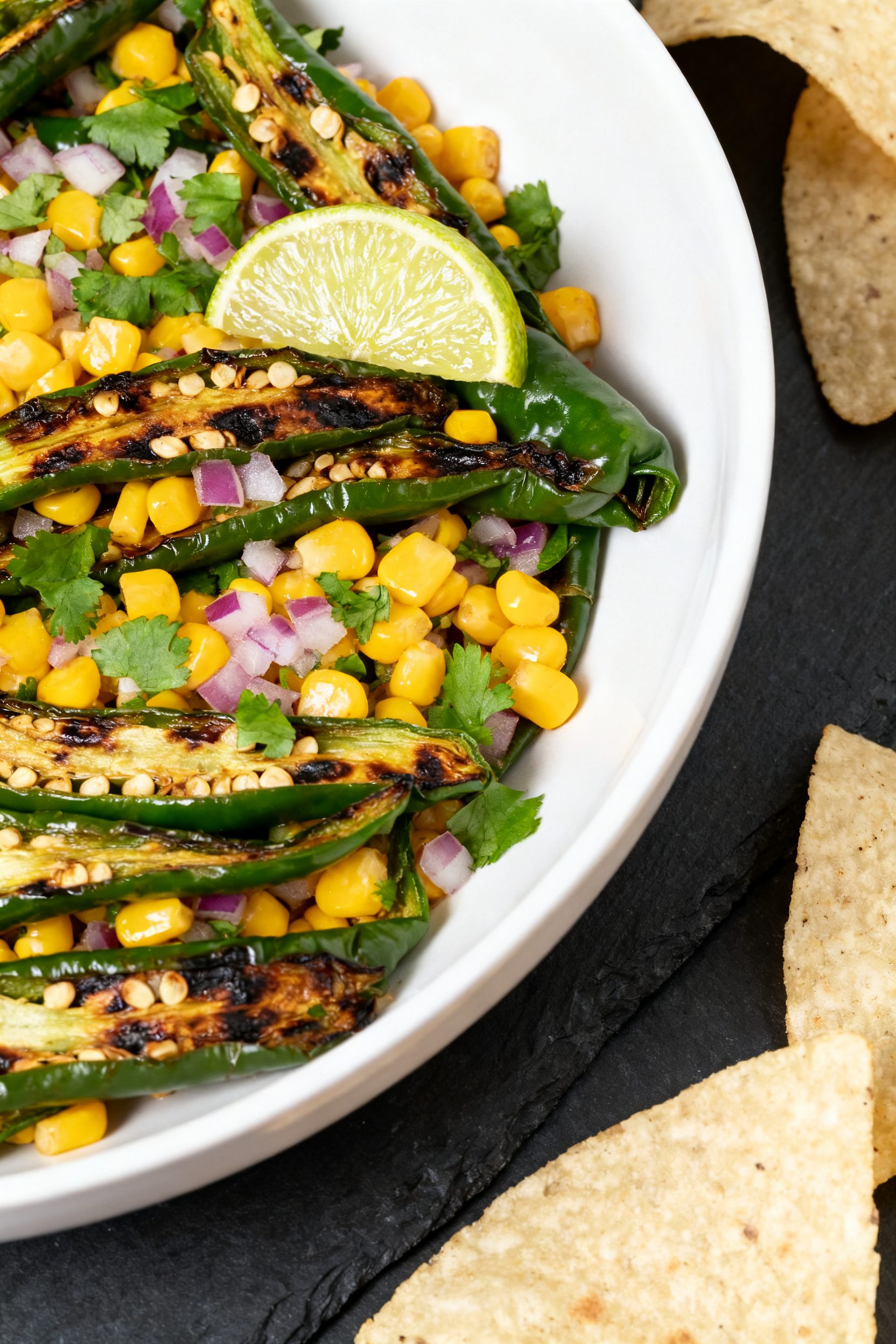 Tasty top view: Overhead shot of peeled, seeded roasted poblano strips folded into a poblano and cor