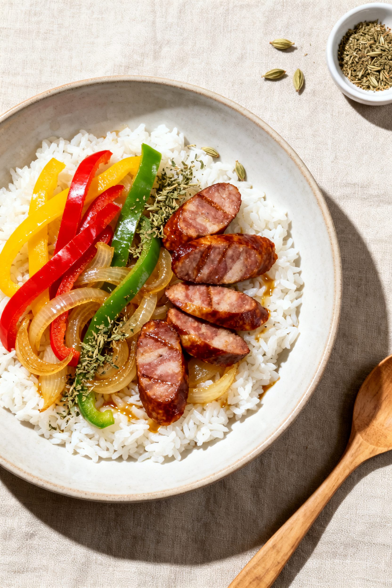 Tasty top view: Overhead shot of sausage, peppers, and onions bowl served over fluffy white rice, sh