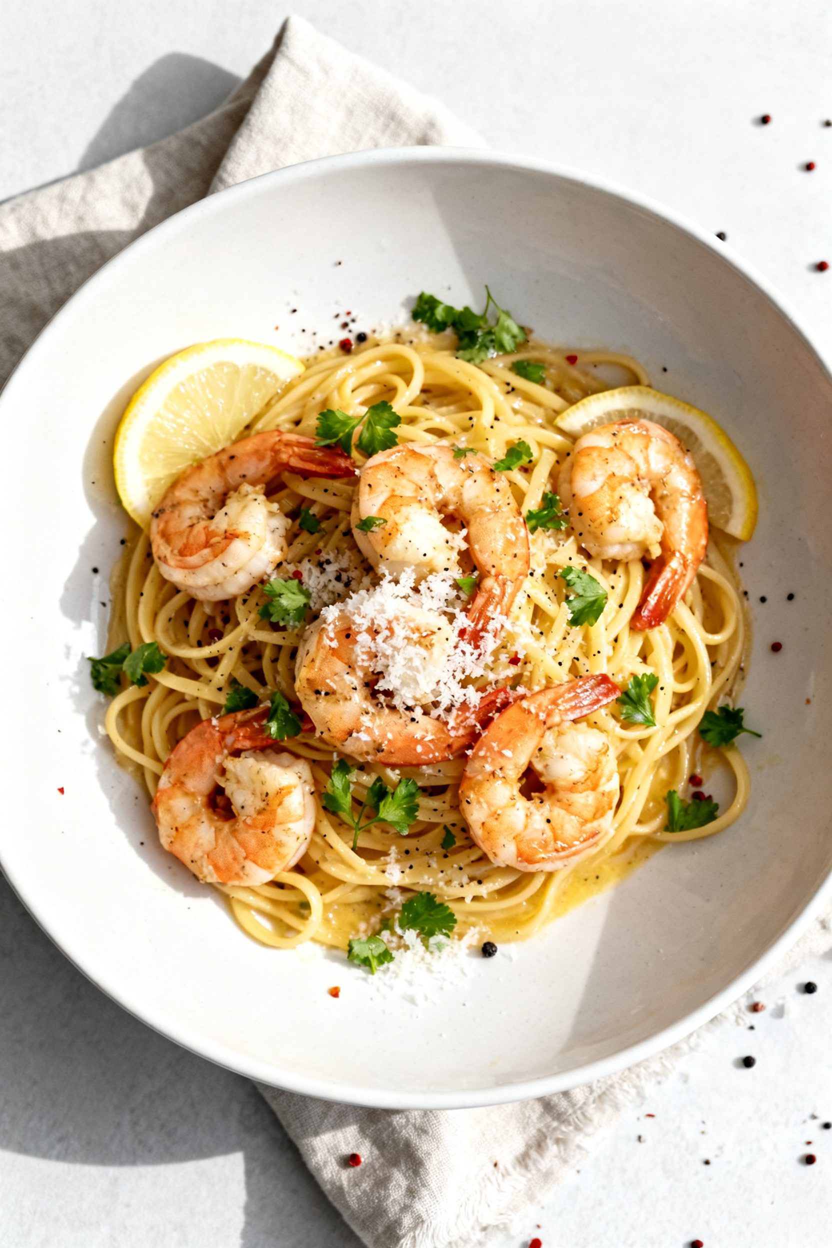 Tasty top view: Overhead shot of shrimp scampi piled over al dente linguine, glossy garlic-lemon-but