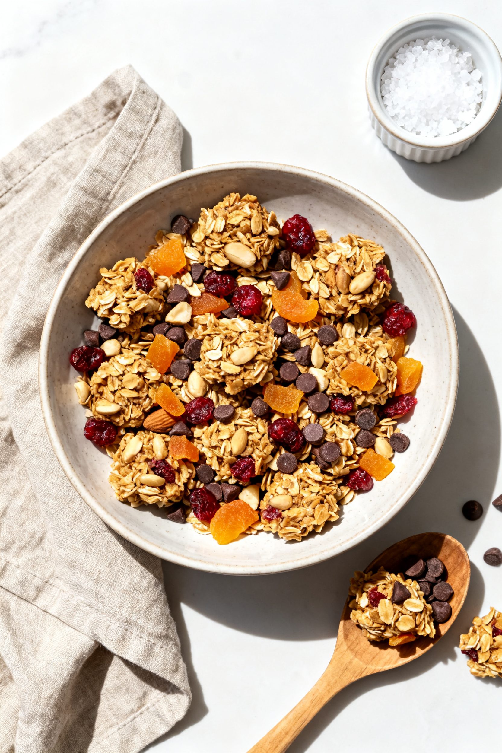 Tasty top view: Overhead shot of the cooled, broken-into-clusters granola served in a wide, shallow